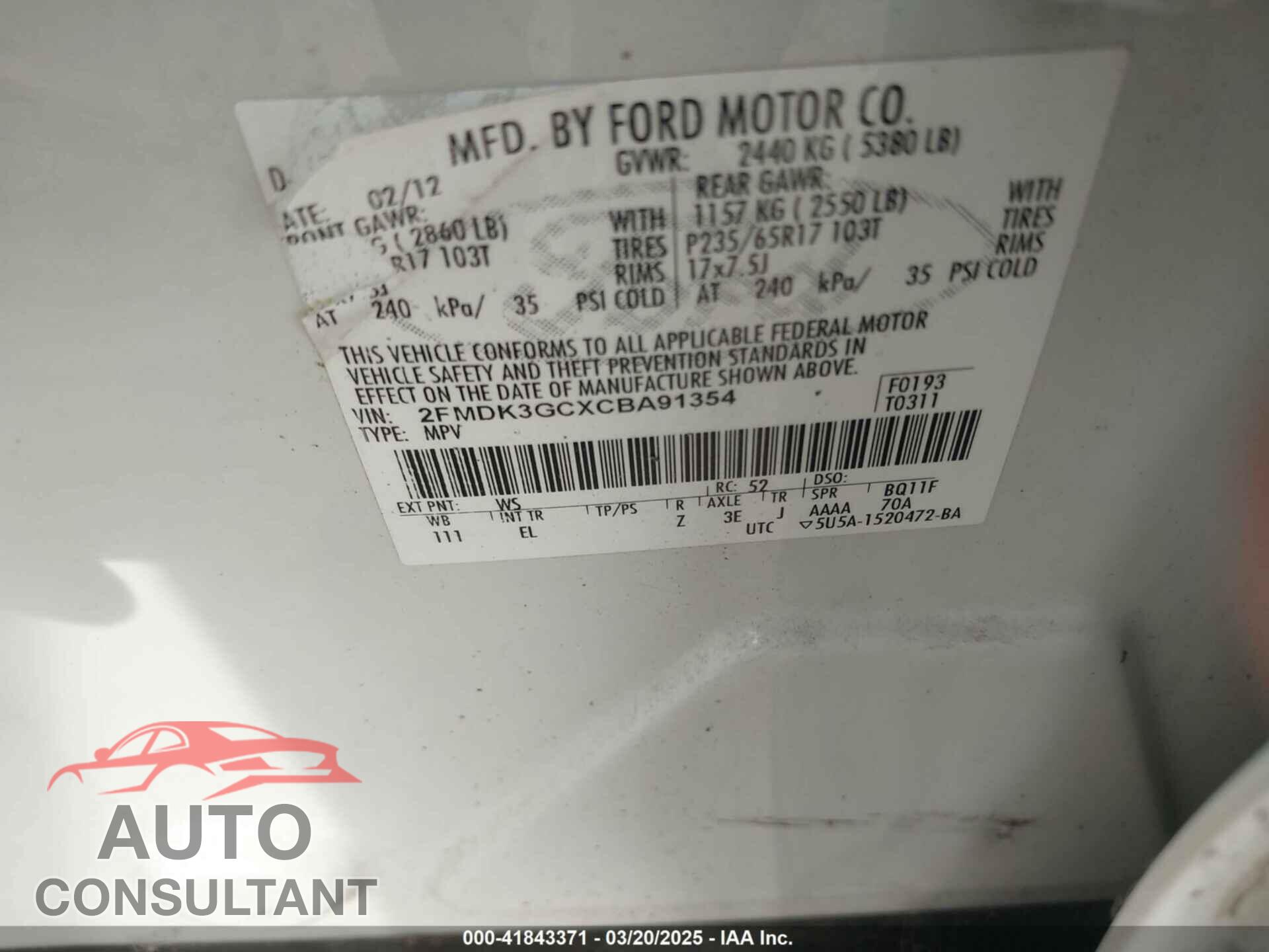 FORD EDGE 2012 - 2FMDK3GCXCBA91354