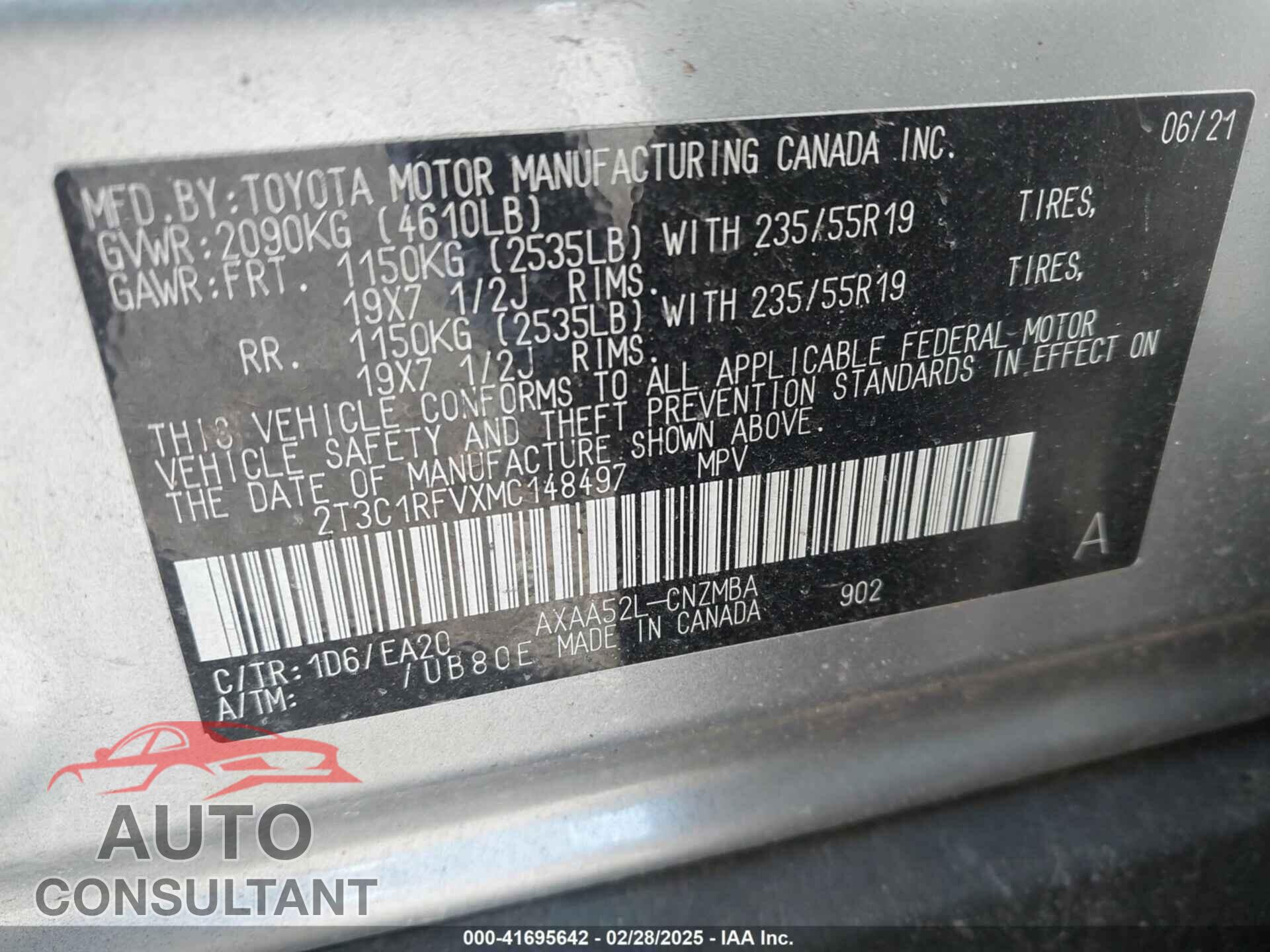 TOYOTA RAV4 2021 - 2T3C1RFVXMC148497