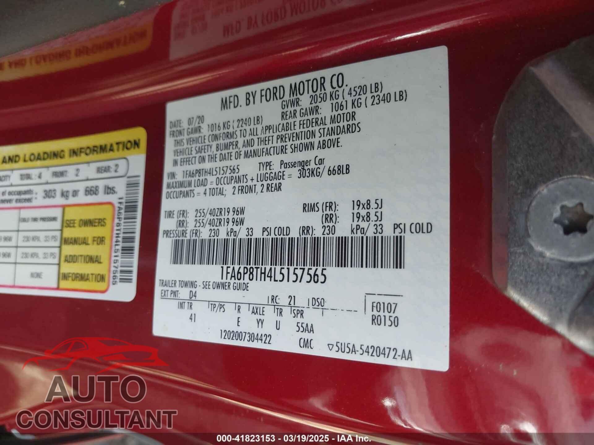 FORD MUSTANG 2020 - 1FA6P8TH4L5157565