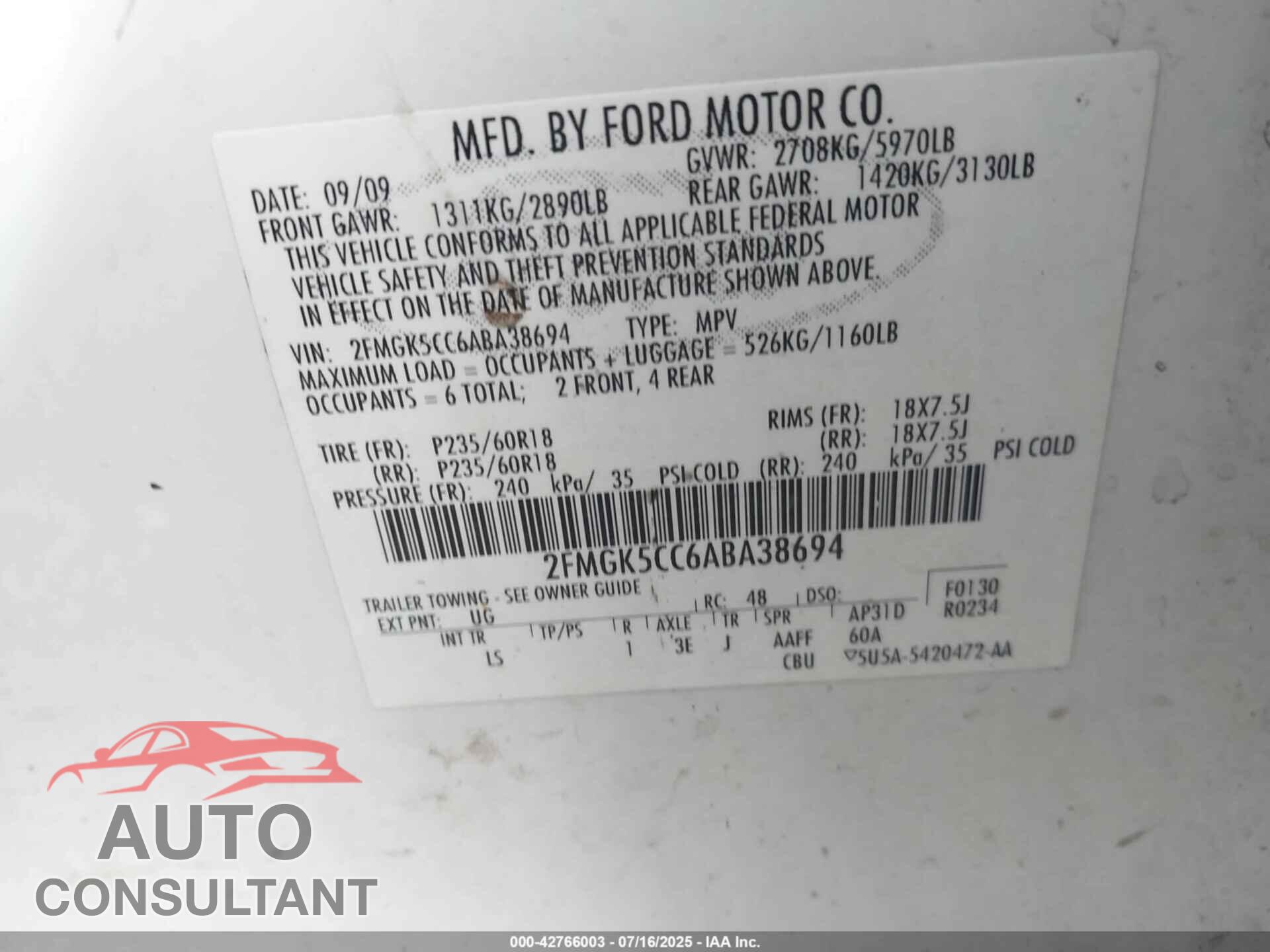 FORD FLEX 2010 - 2FMGK5CC6ABA38694