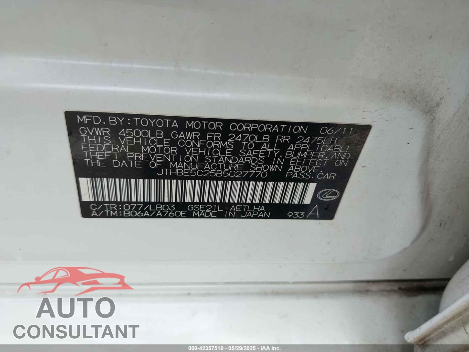 LEXUS IS 350 2011 - JTHBE5C25B5027770