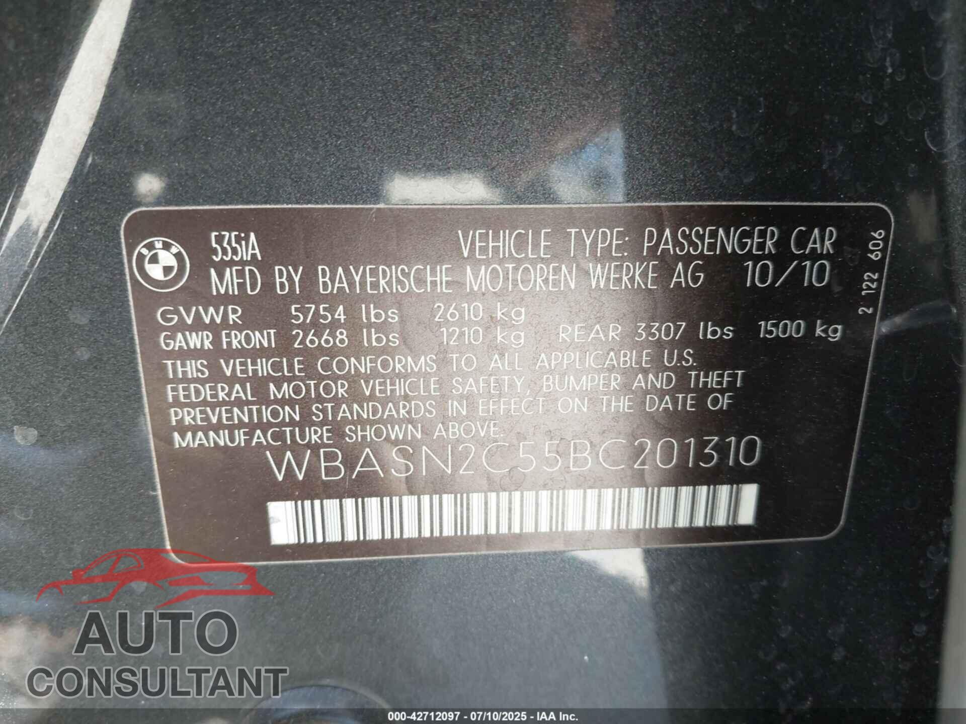 BMW 535I GRAN TURISMO 2011 - WBASN2C55BC201310
