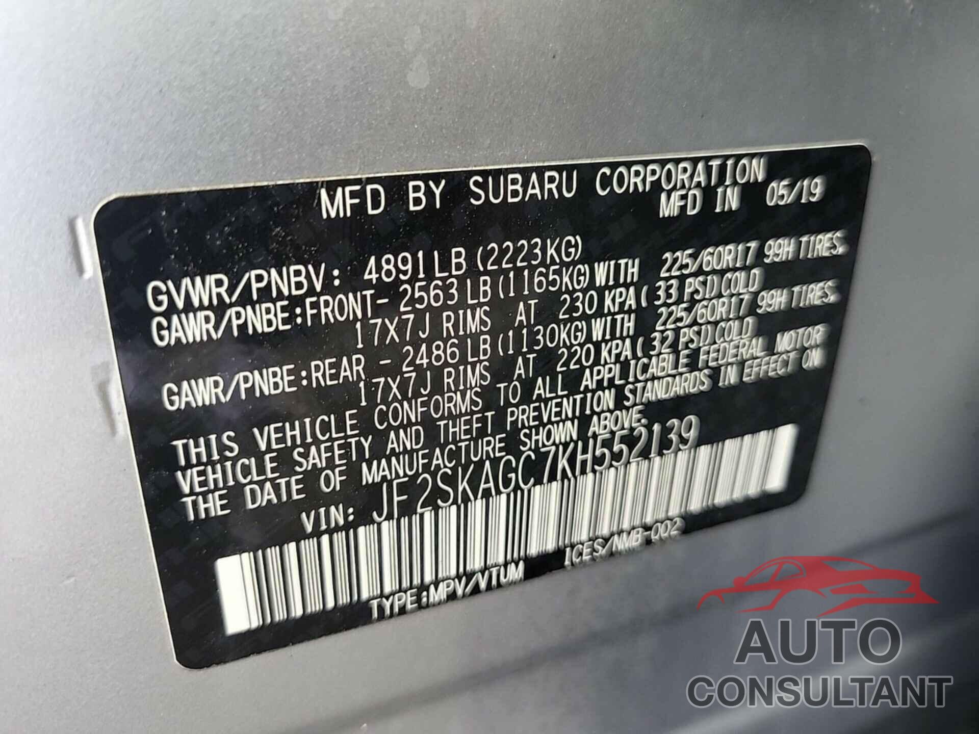 SUBARU FORESTER 2019 - JF2SKAGC7KH552139