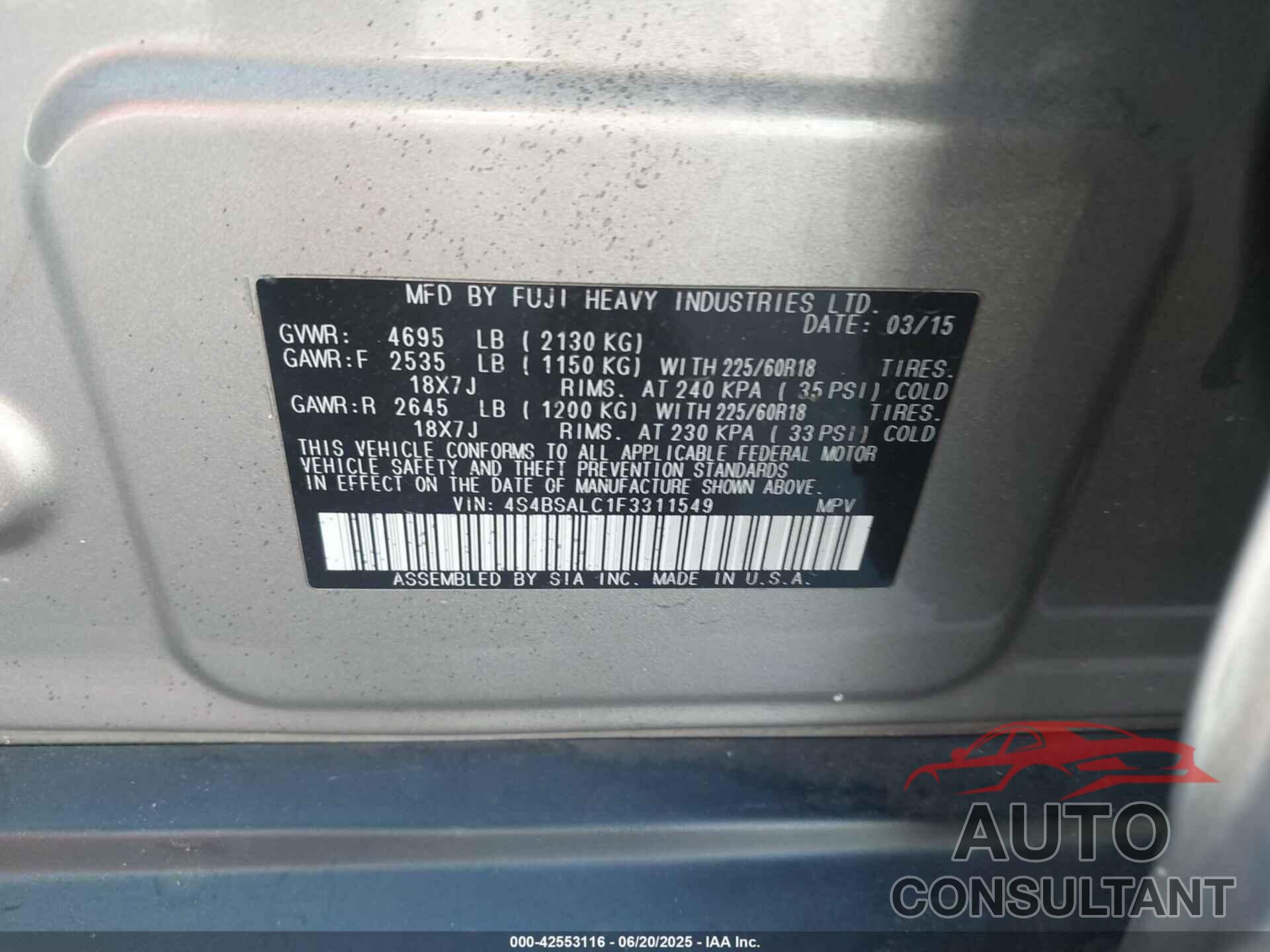 SUBARU OUTBACK 2015 - 4S4BSALC1F3311549