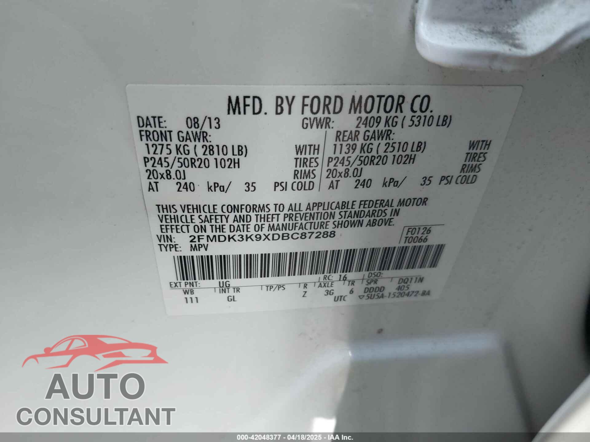 FORD EDGE 2013 - 2FMDK3K9XDBC87288