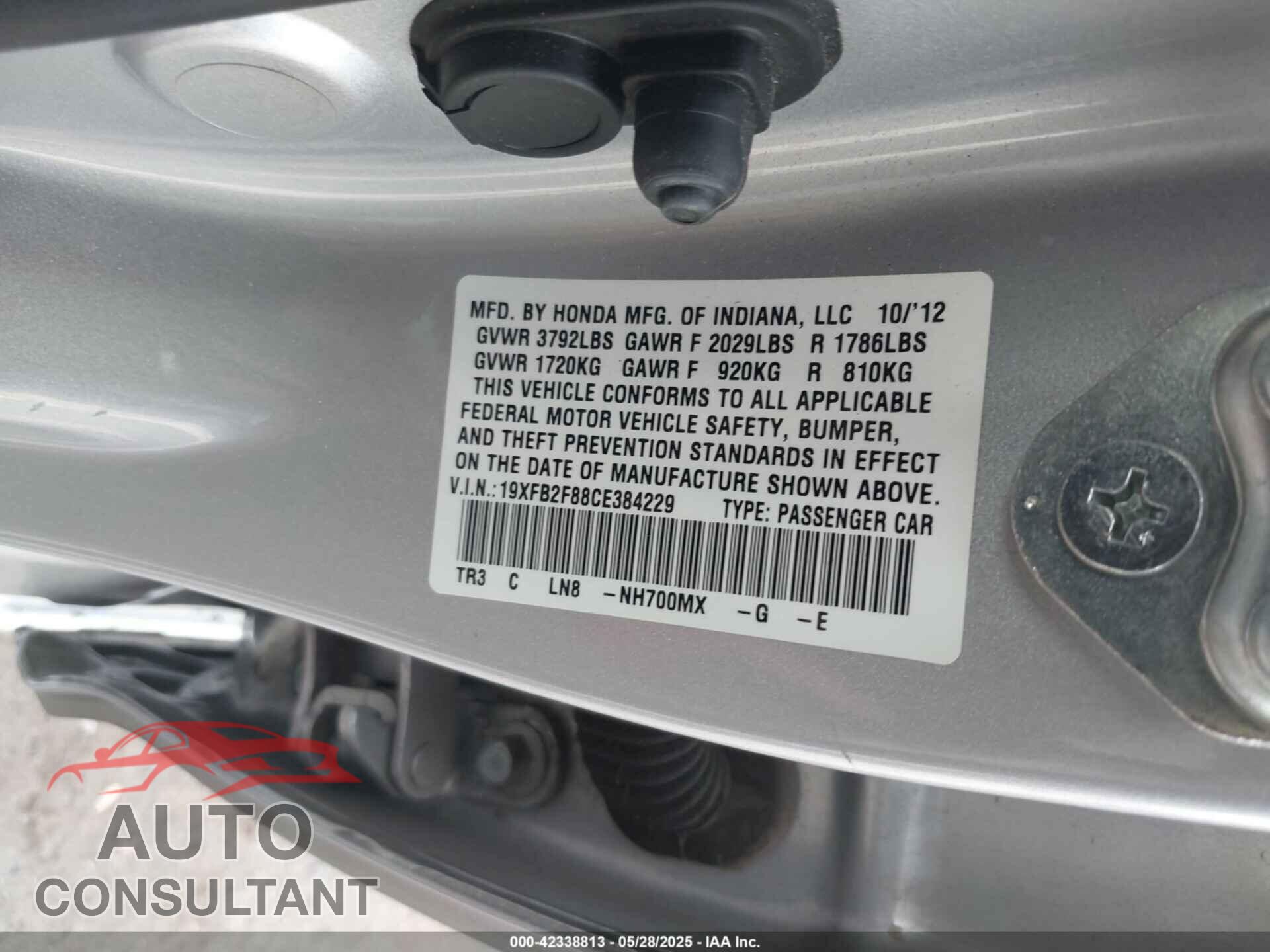 HONDA CIVIC 2012 - 19XFB2F88CE384229
