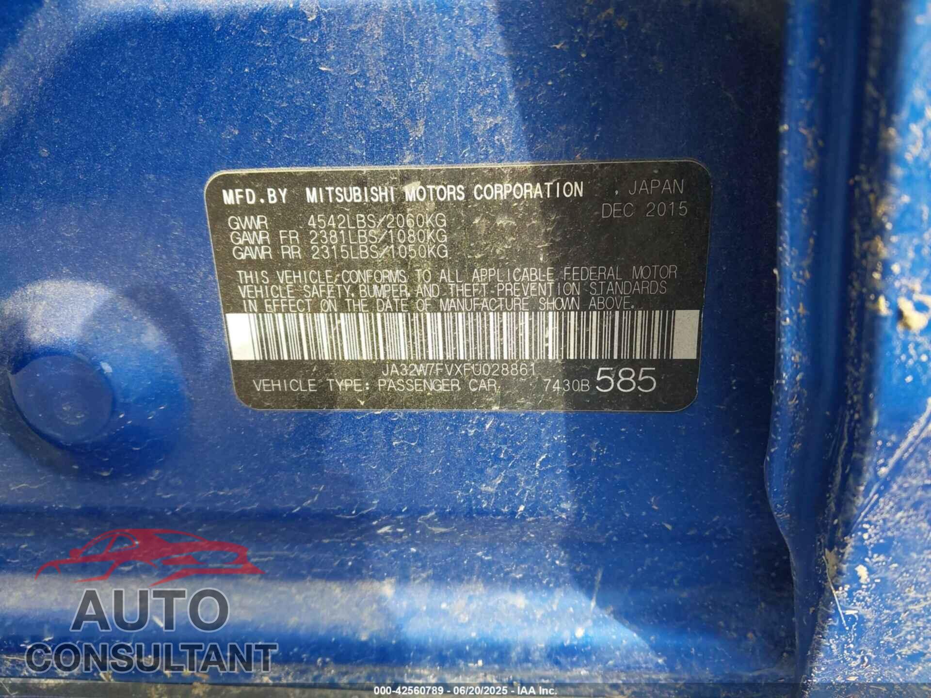 MITSUBISHI LANCER EVOLUTION 2015 - JA32W7FVXFU028861