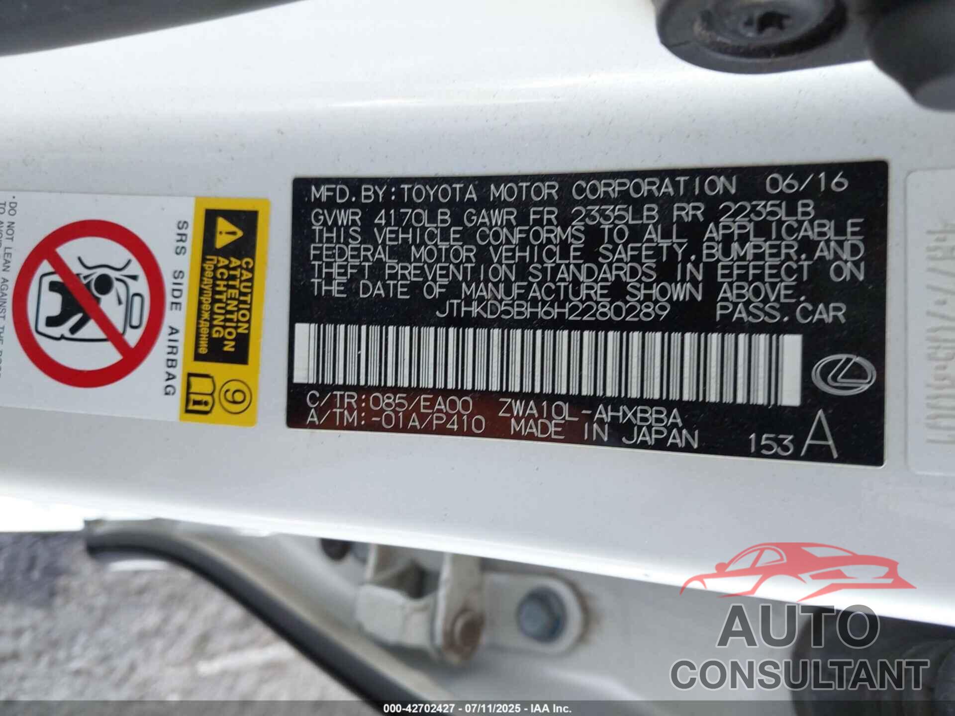 LEXUS CT 200H 2017 - JTHKD5BH6H2280289