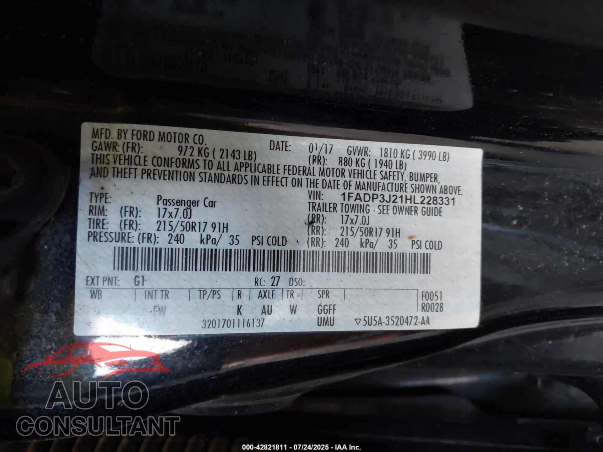 FORD FOCUS 2017 - 1FADP3J21HL228331