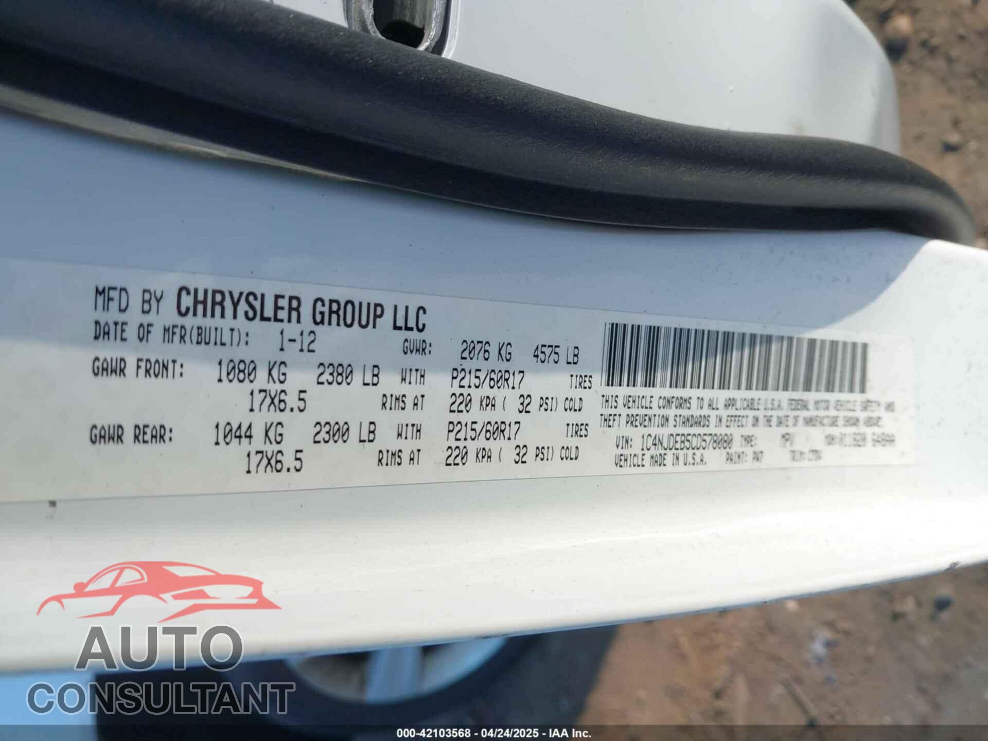 JEEP COMPASS 2012 - 1C4NJDEB5CD578080