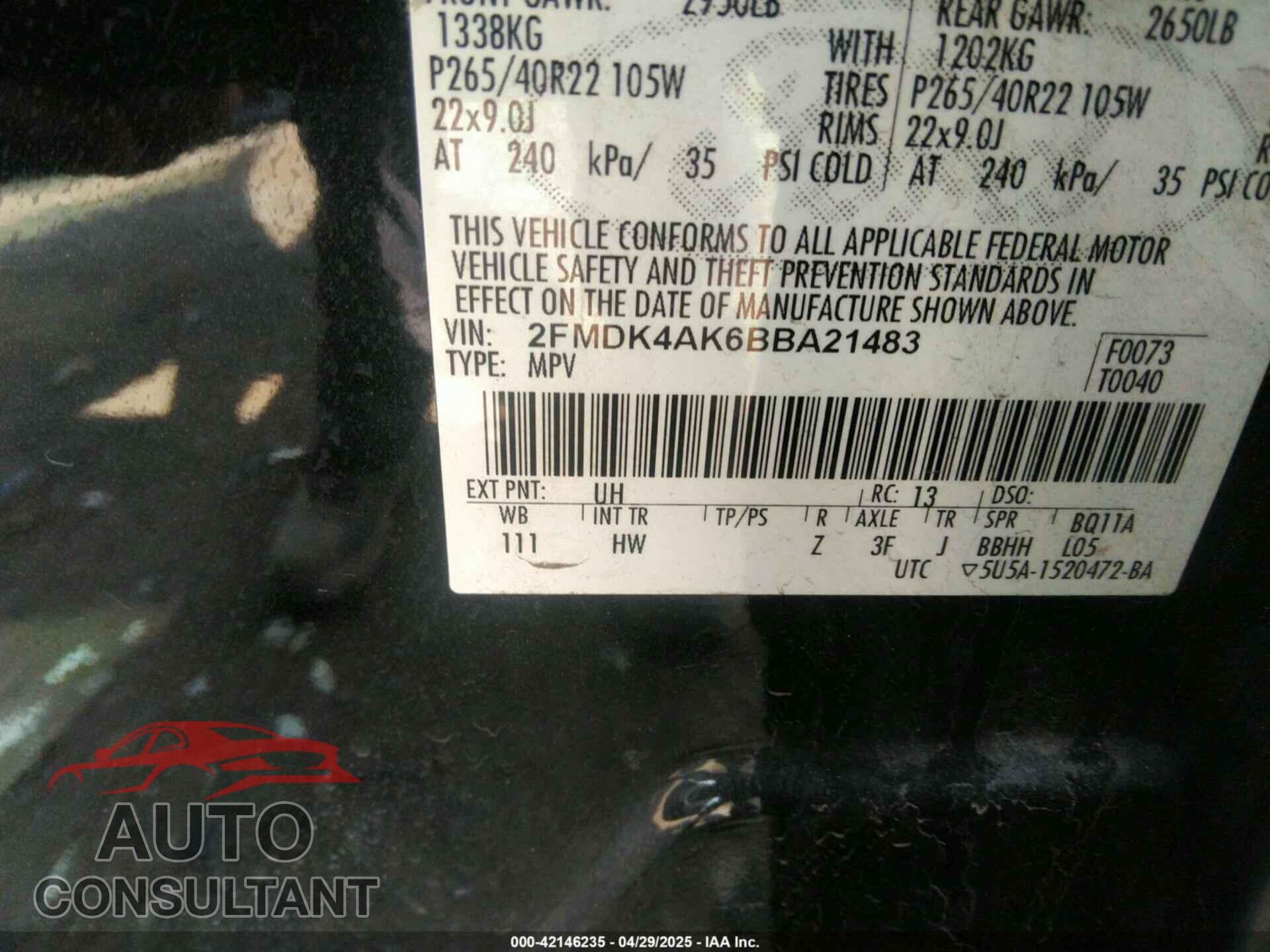 FORD EDGE 2011 - 2FMDK4AK6BBA21483
