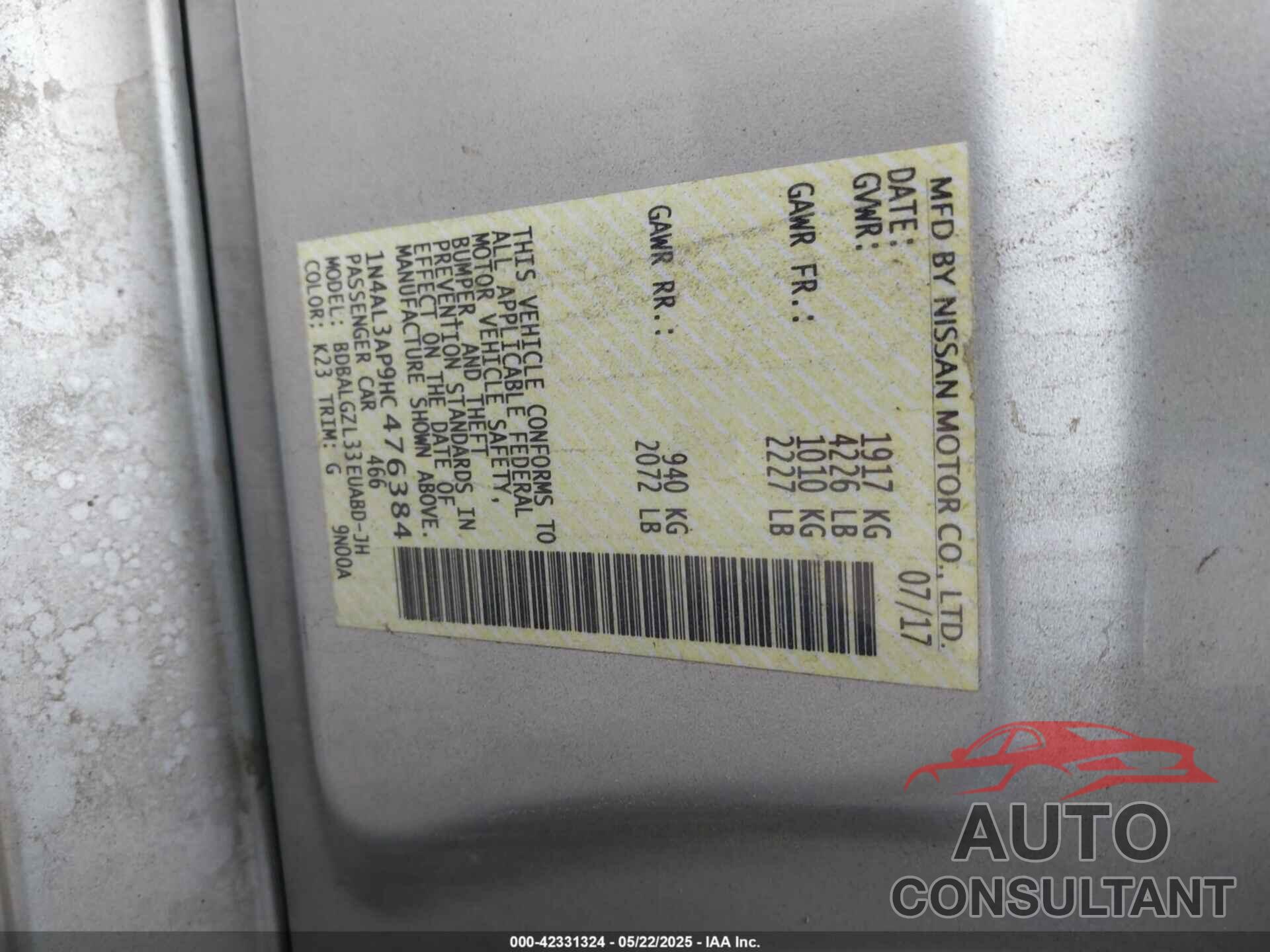 NISSAN ALTIMA 2017 - 1N4AL3AP9HC476384
