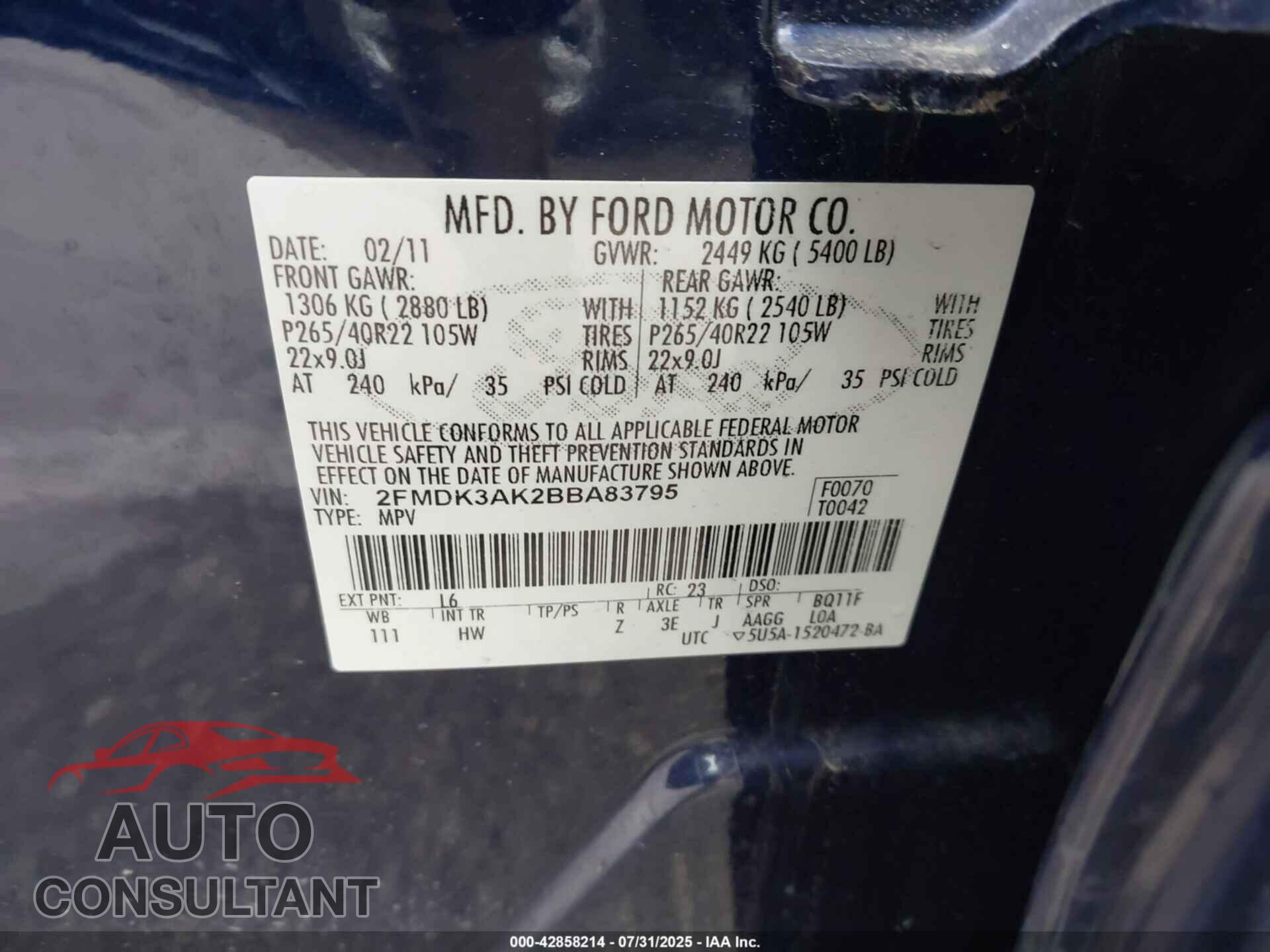 FORD EDGE 2011 - 2FMDK3AK2BBA83795