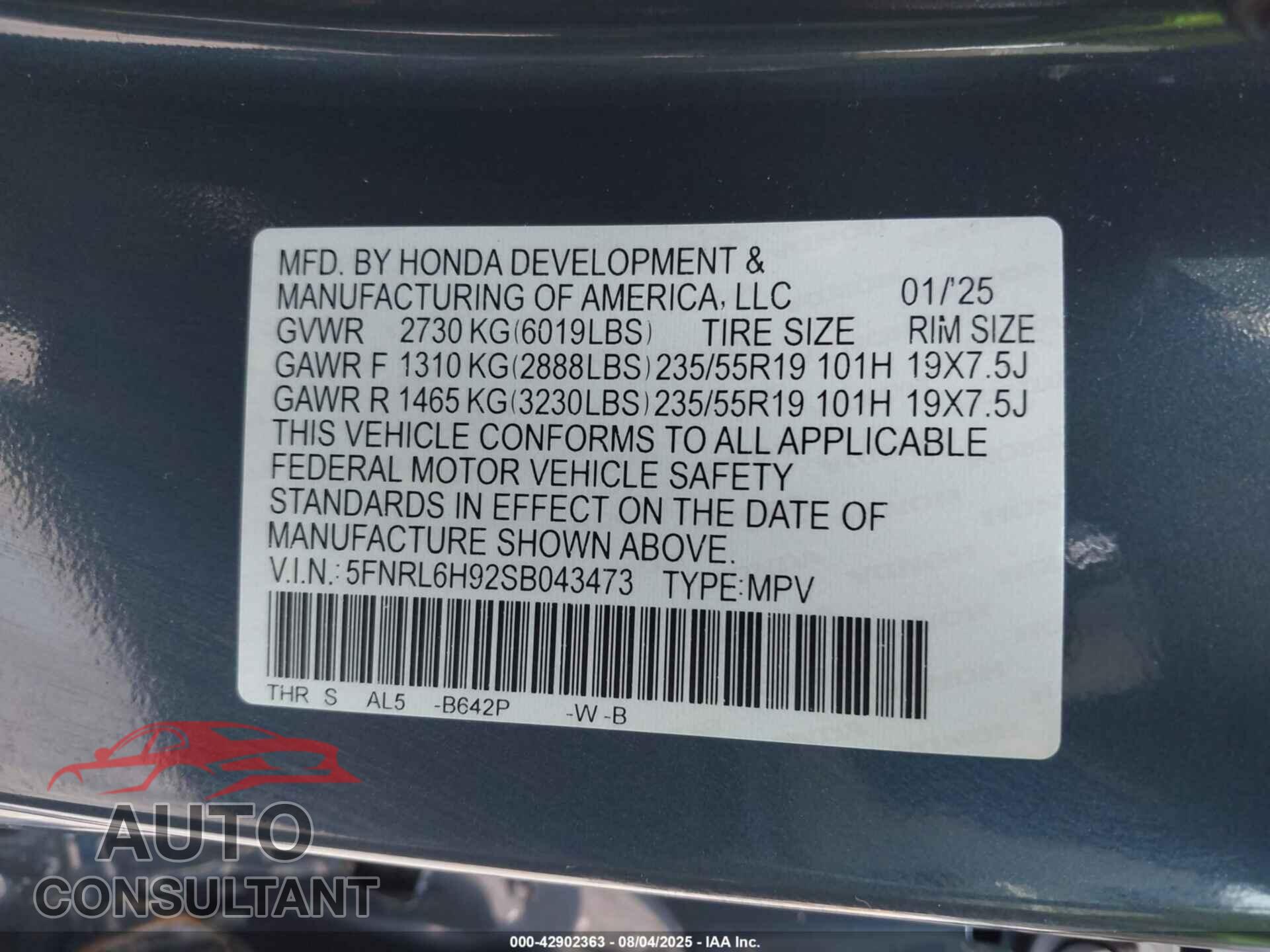 HONDA ODYSSEY 2025 - 5FNRL6H92SB043473