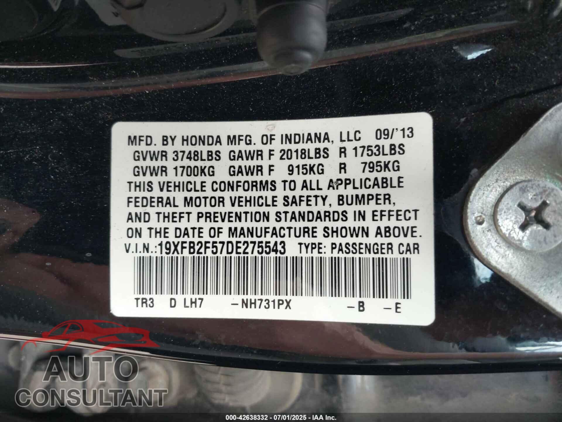 HONDA CIVIC 2013 - 19XFB2F57DE275543