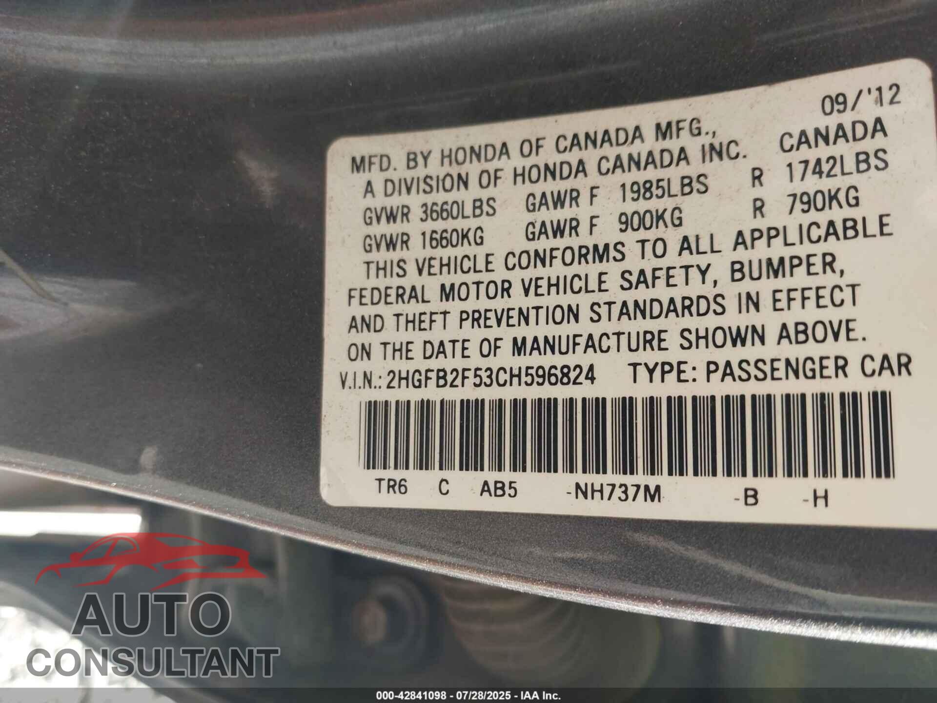 HONDA CIVIC 2012 - 2HGFB2F53CH596824