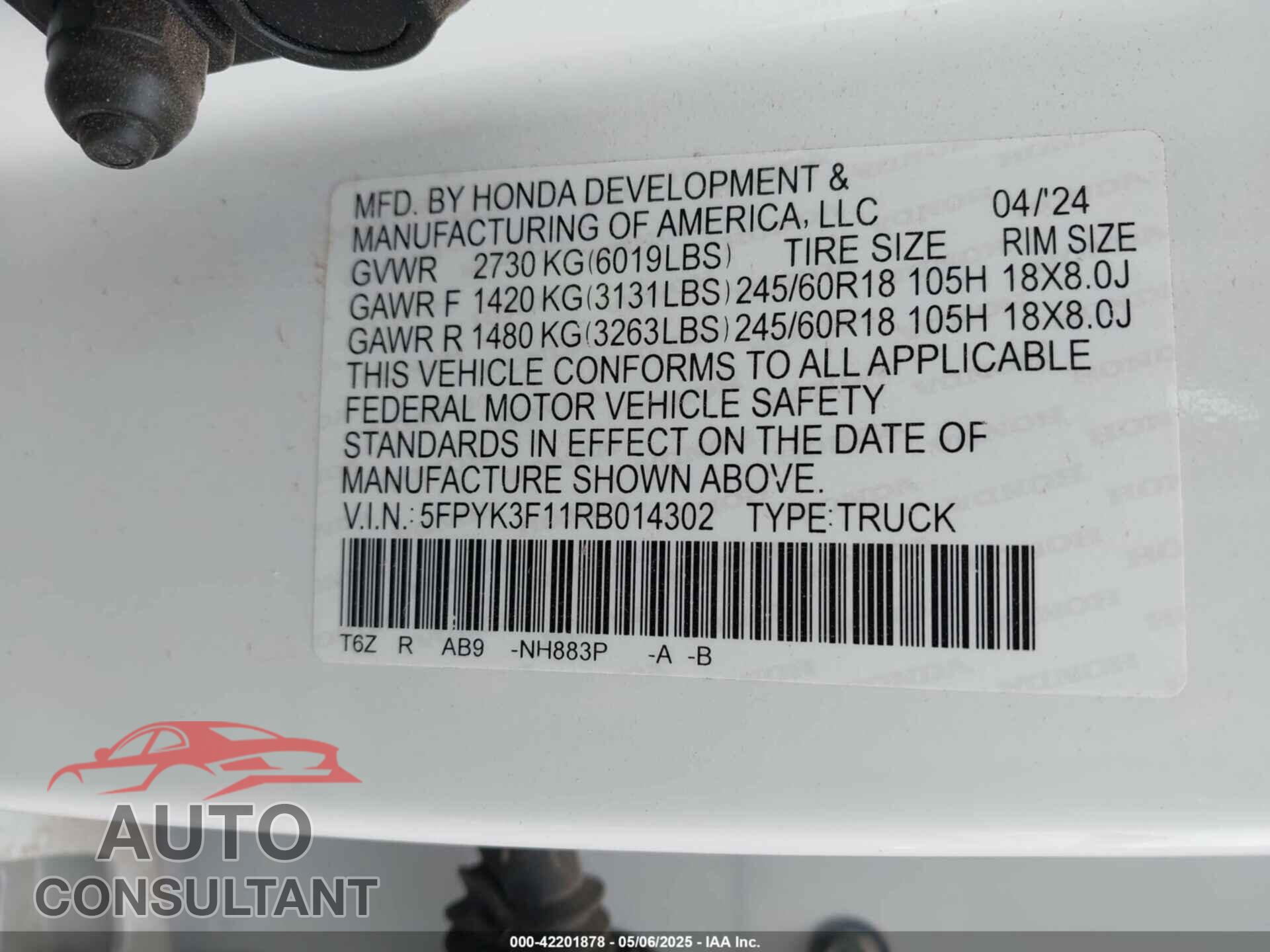 HONDA RIDGELINE 2024 - 5FPYK3F11RB014302