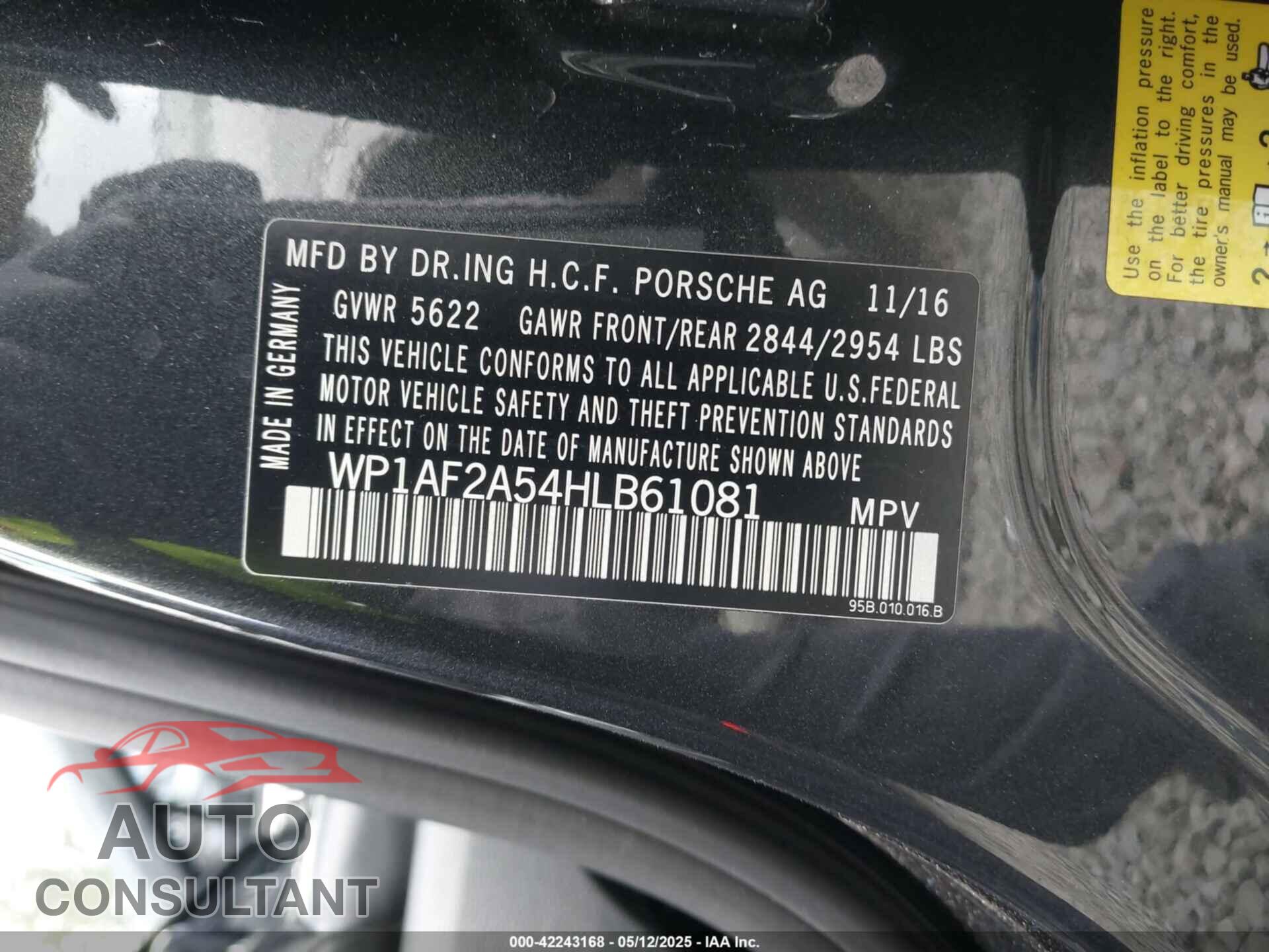 PORSCHE MACAN 2017 - WP1AF2A54HLB61081