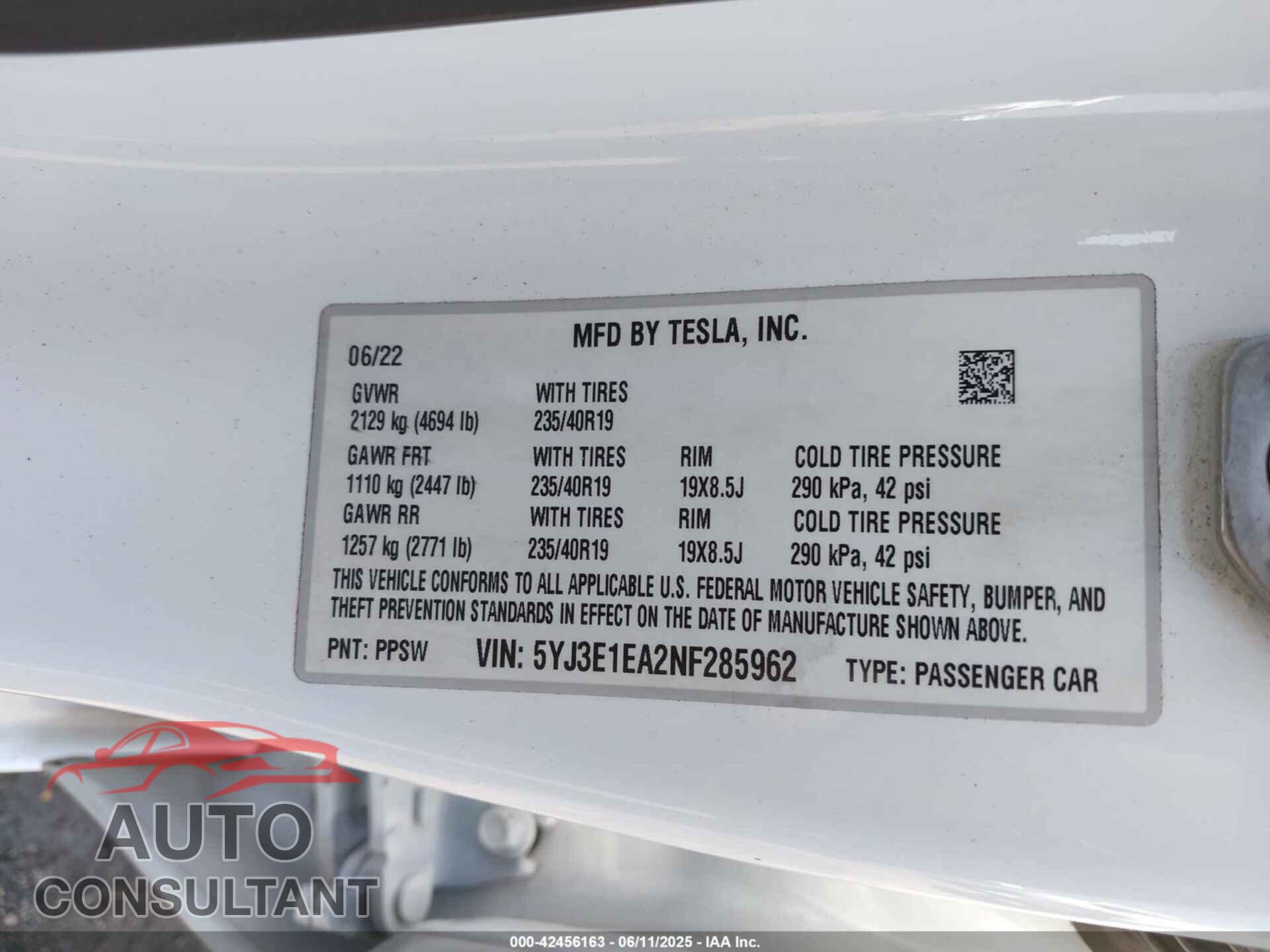 TESLA MODEL 3 2022 - 5YJ3E1EA2NF285962