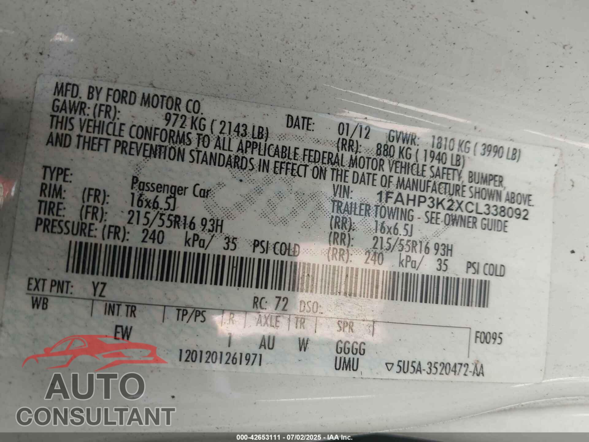 FORD FOCUS 2012 - 1FAHP3K2XCL338092