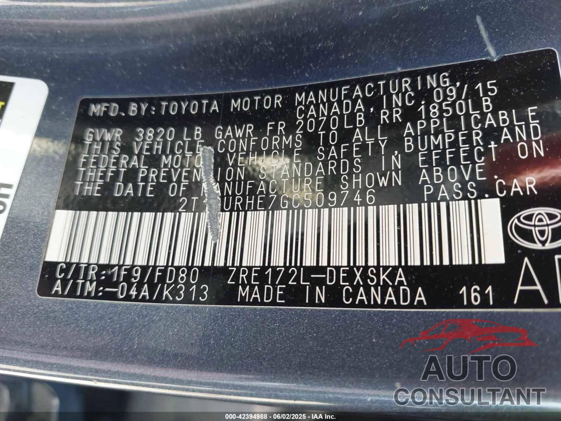 TOYOTA COROLLA 2016 - 2T1BURHE7GC509746