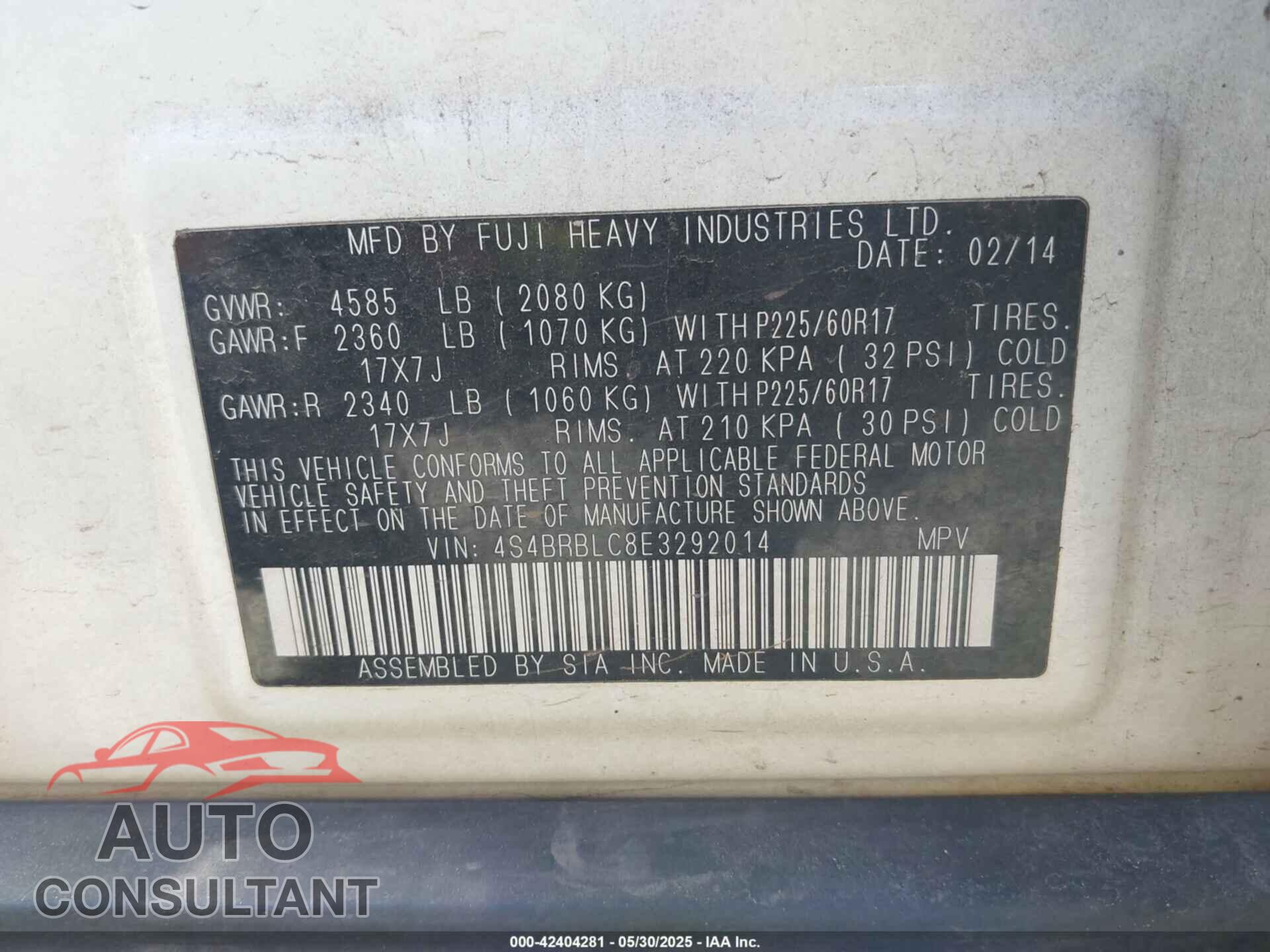 SUBARU OUTBACK 2014 - 4S4BRBLC8E3292014