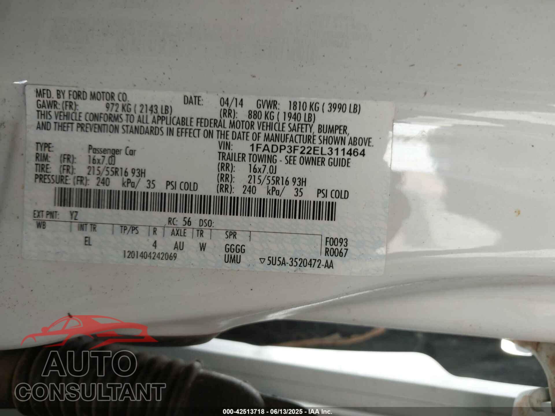 FORD FOCUS 2014 - 1FADP3F22EL311464