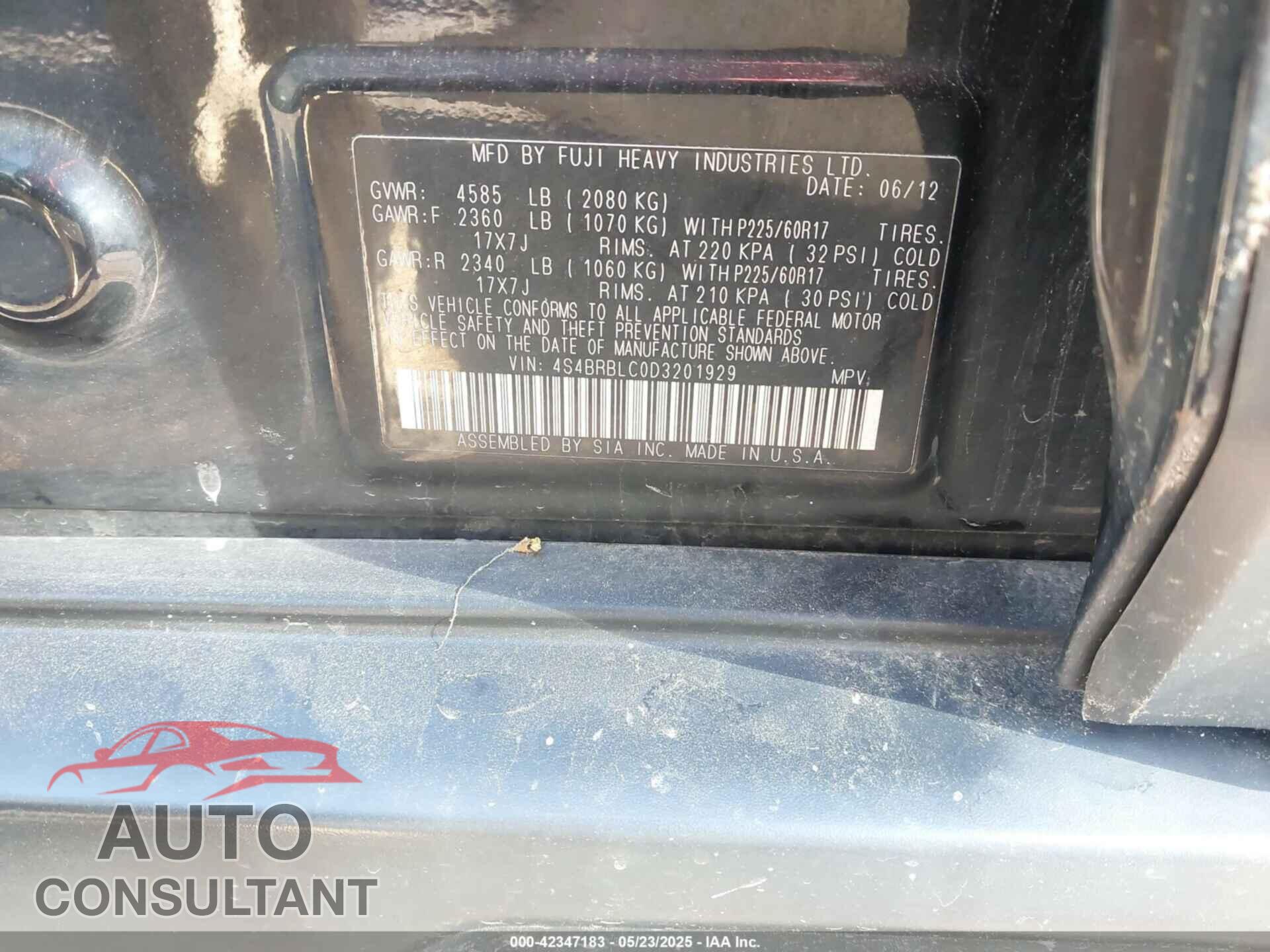 SUBARU OUTBACK 2013 - 4S4BRBLC0D3201929