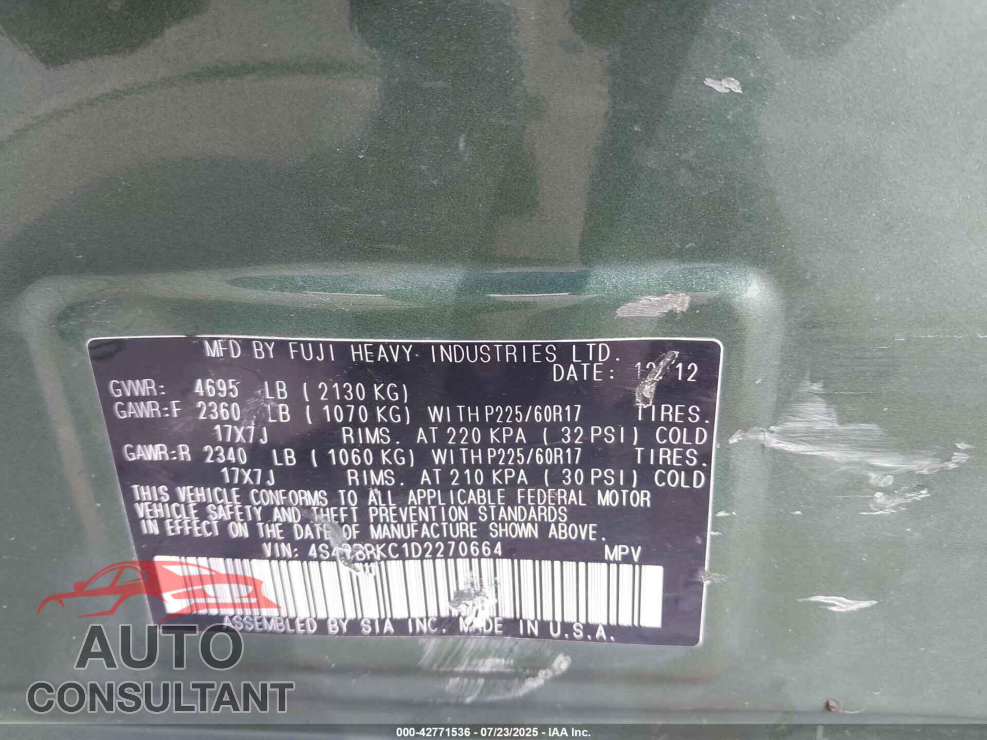 SUBARU OUTBACK 2013 - 4S4BRDKC1D2270664