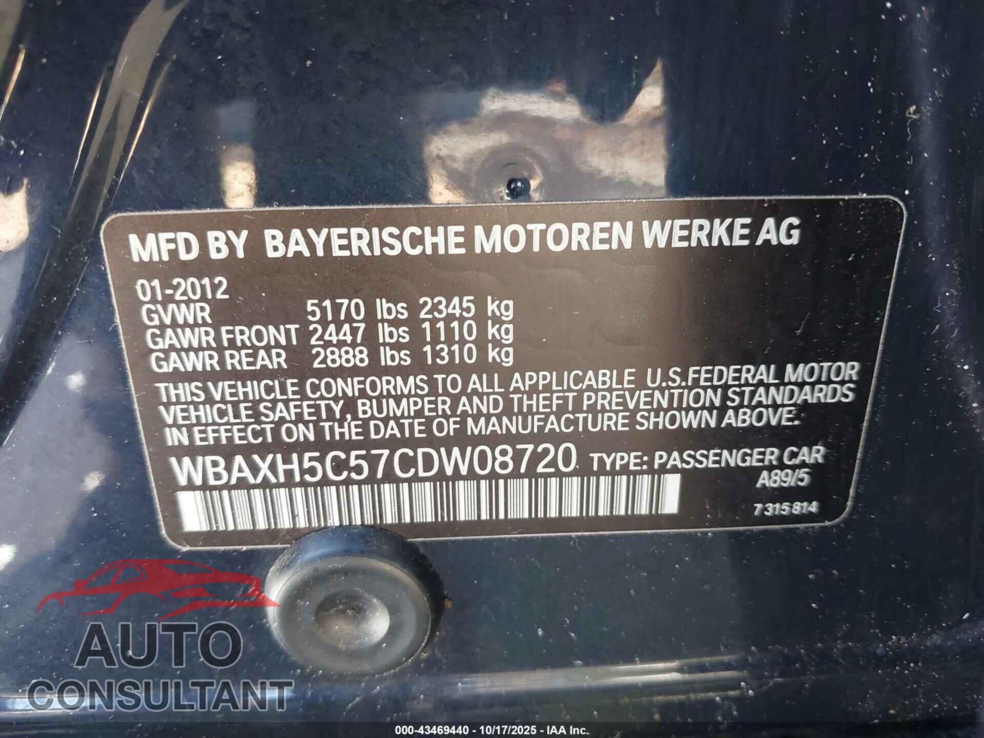 BMW 528I 2012 - WBAXH5C57CDW08720