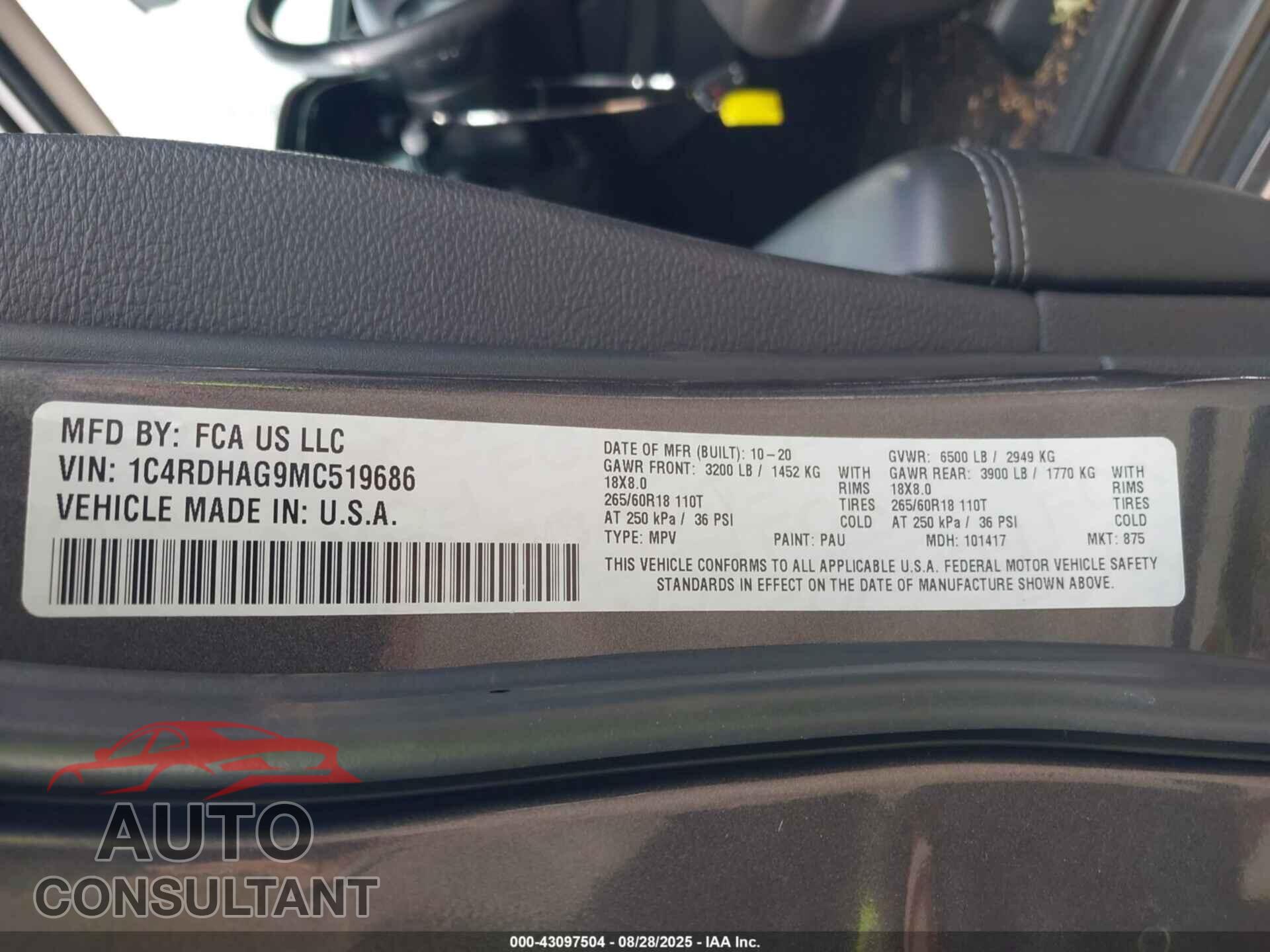 DODGE DURANGO 2021 - 1C4RDHAG9MC519686