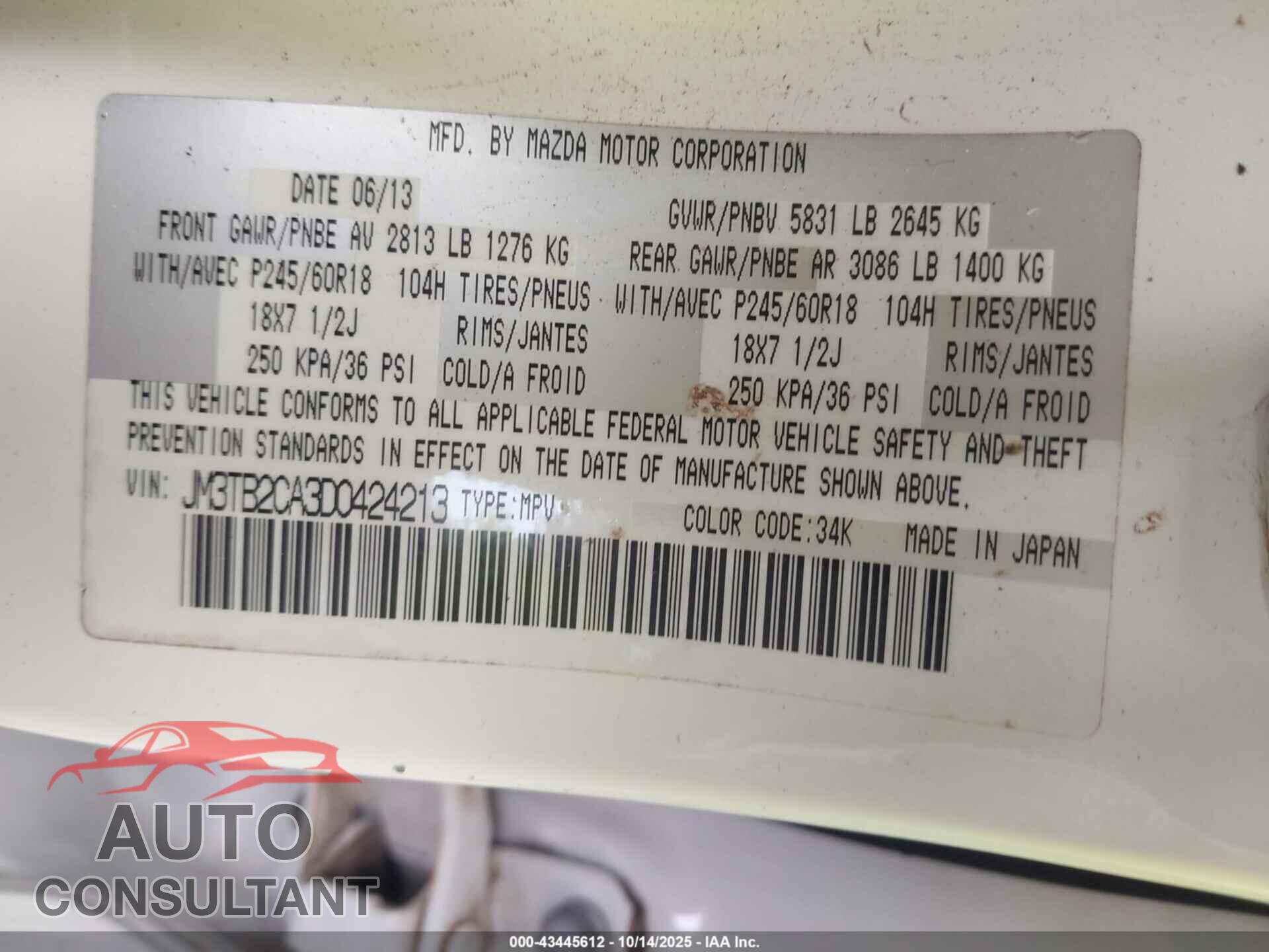 MAZDA CX-9 2013 - JM3TB2CA3D0424213