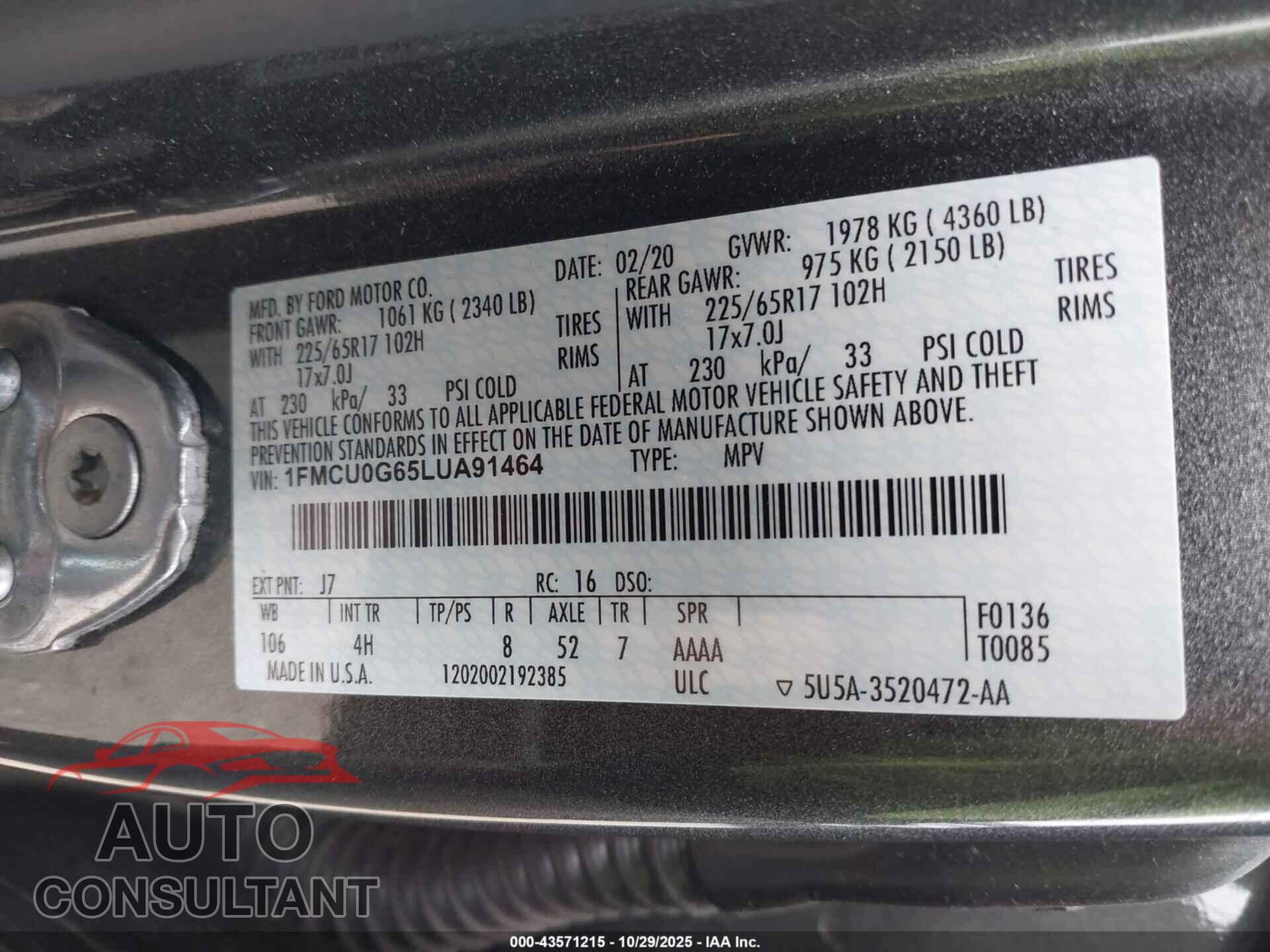 FORD ESCAPE 2020 - 1FMCU0G65LUA91464