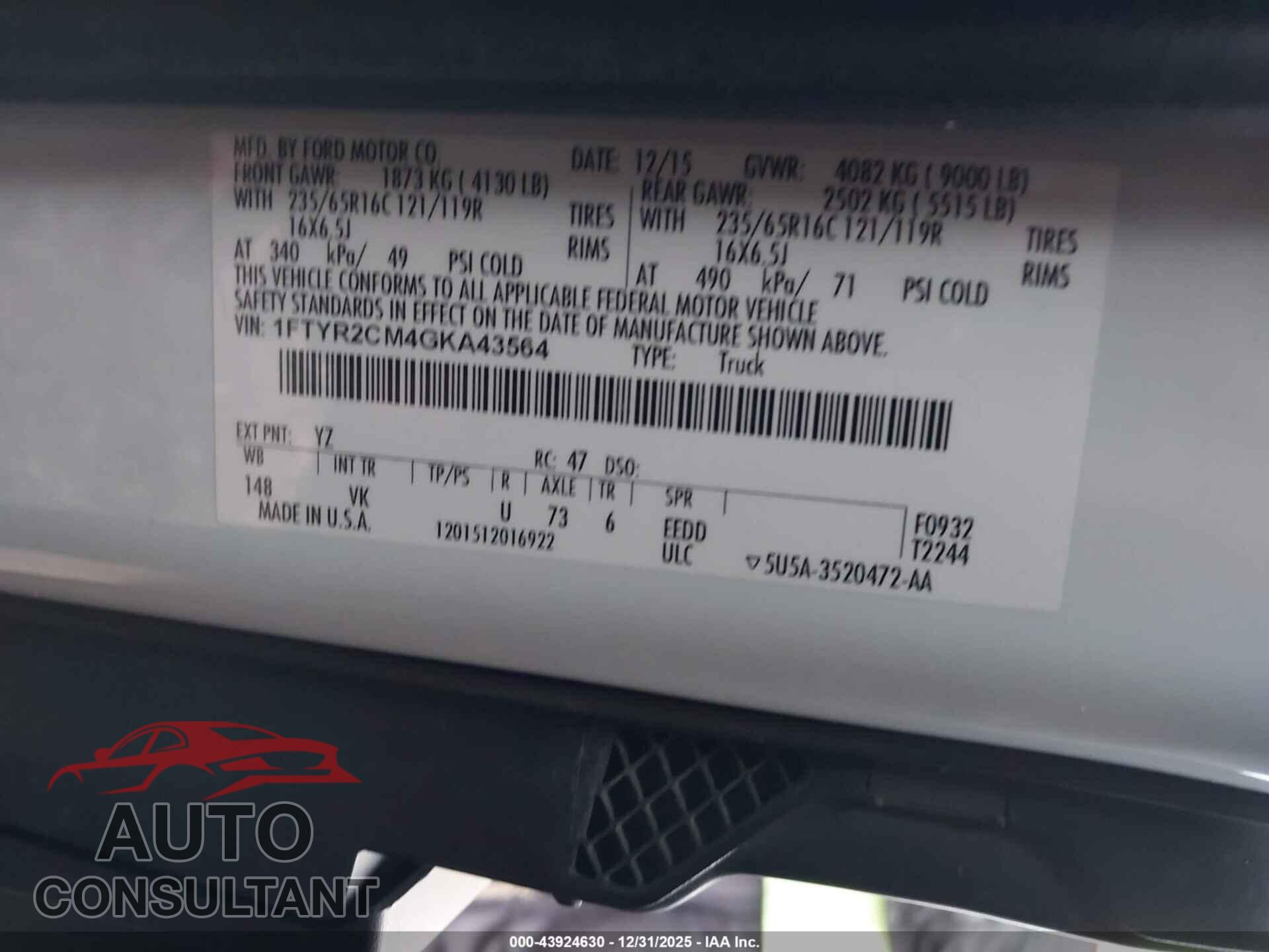 FORD TRANSIT-250 2016 - 1FTYR2CM4GKA43564