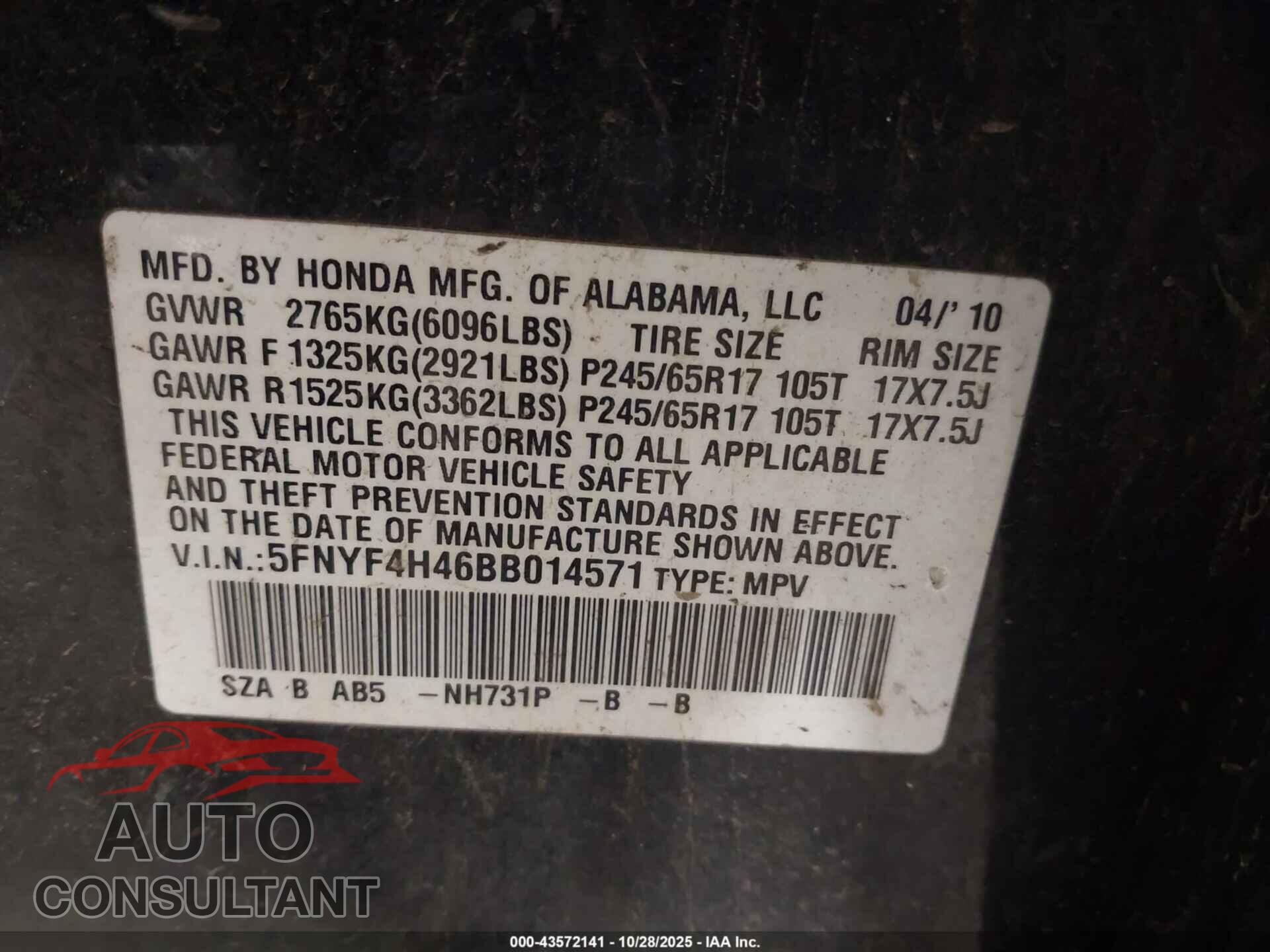 HONDA PILOT 2011 - 5FNYF4H46BB014571