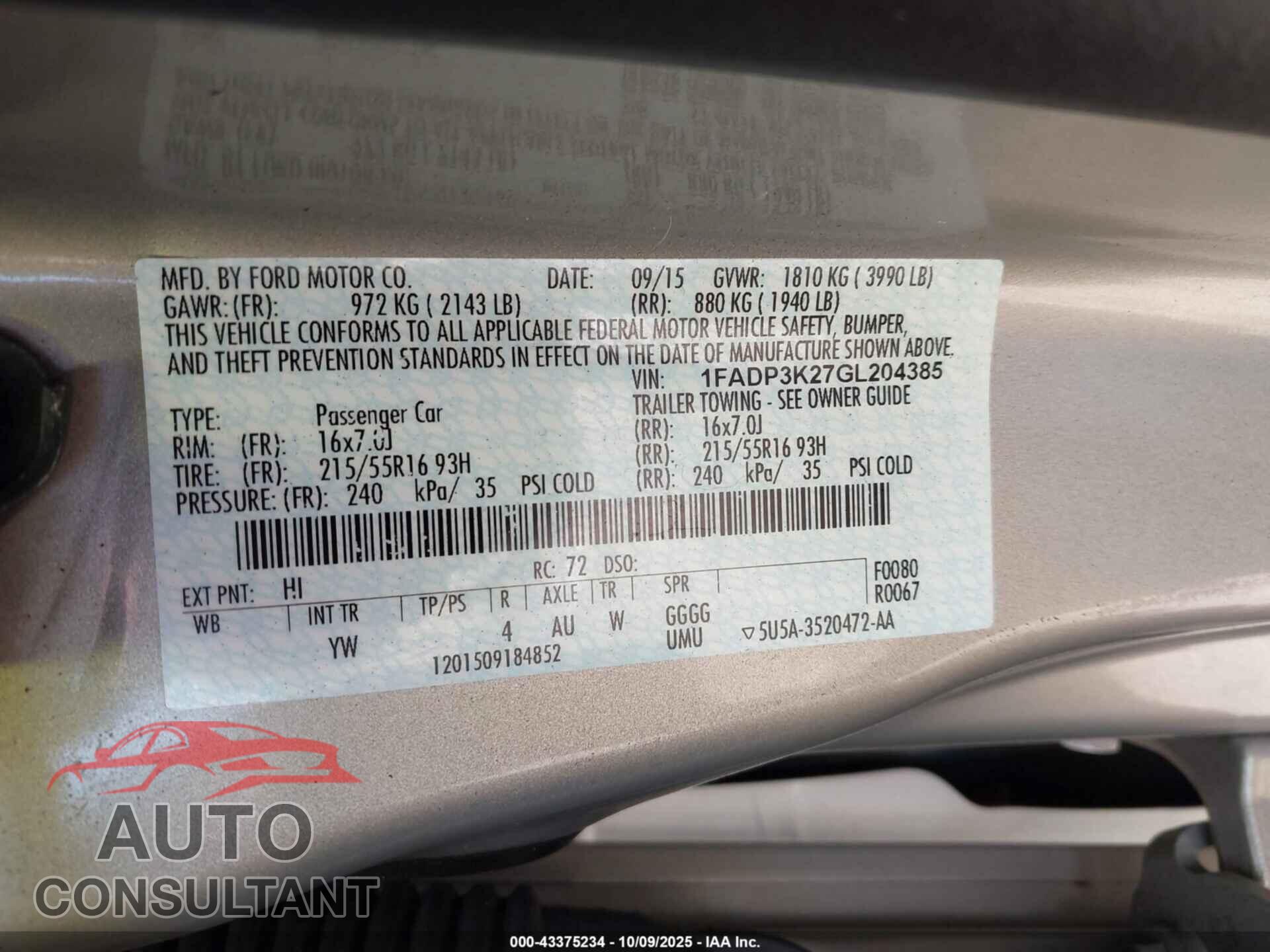 FORD FOCUS 2016 - 1FADP3K27GL204385