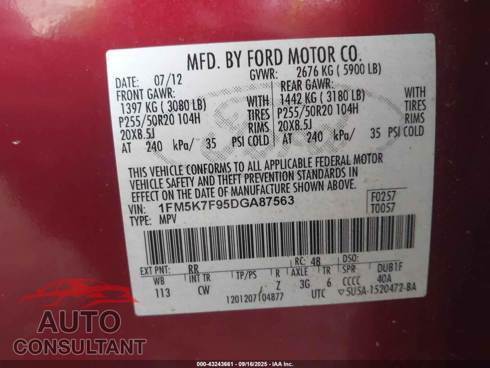 FORD EXPLORER 2013 - 1FM5K7F95DGA87563