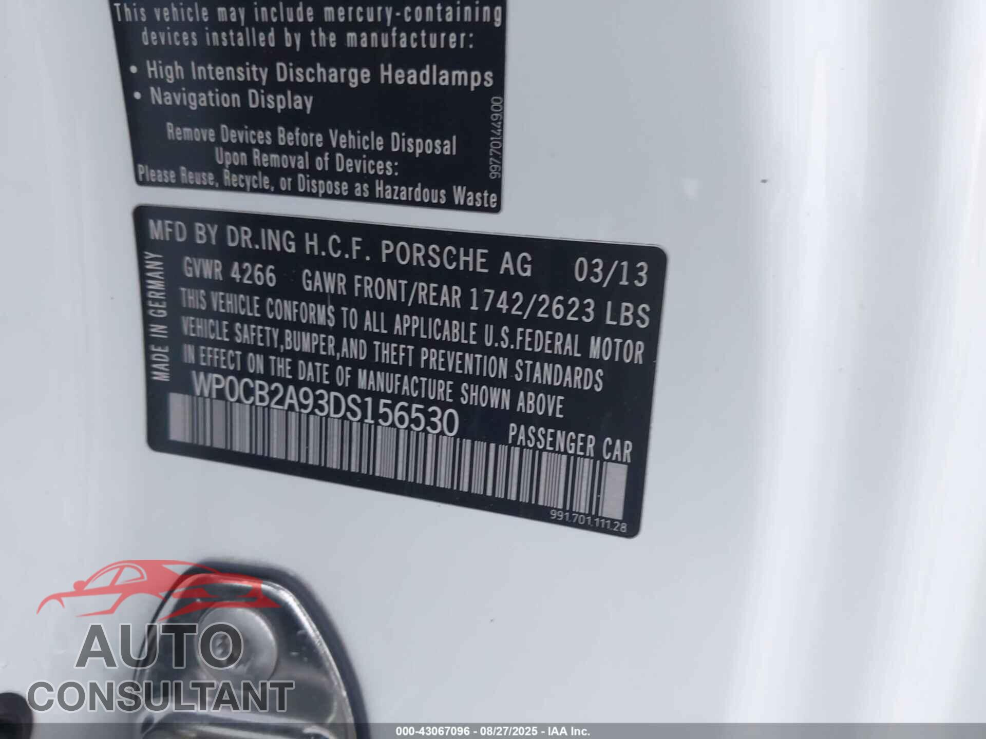 PORSCHE 911 2013 - WP0CB2A93DS156530