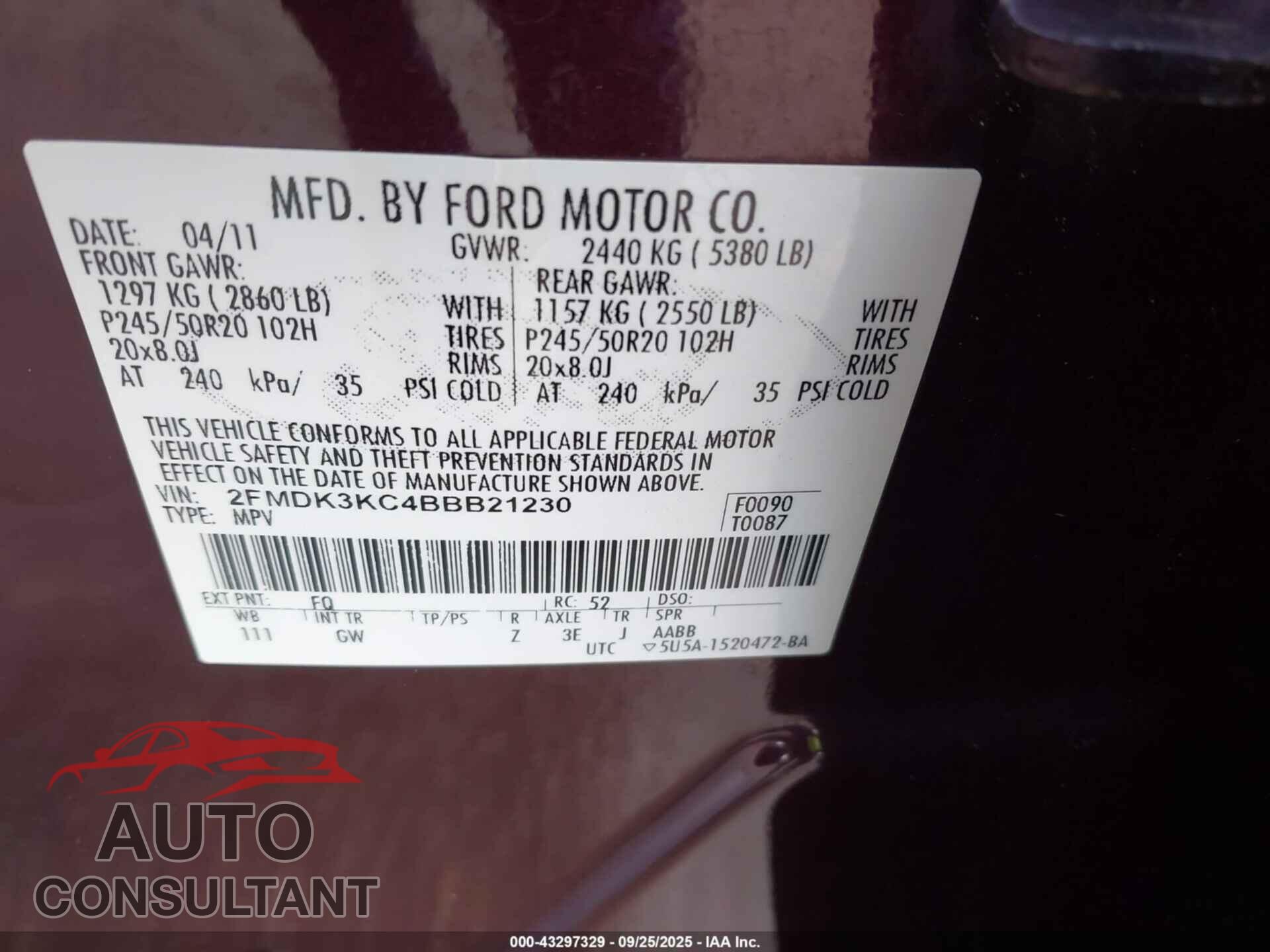 FORD EDGE 2011 - 2FMDK3KC4BBB21230