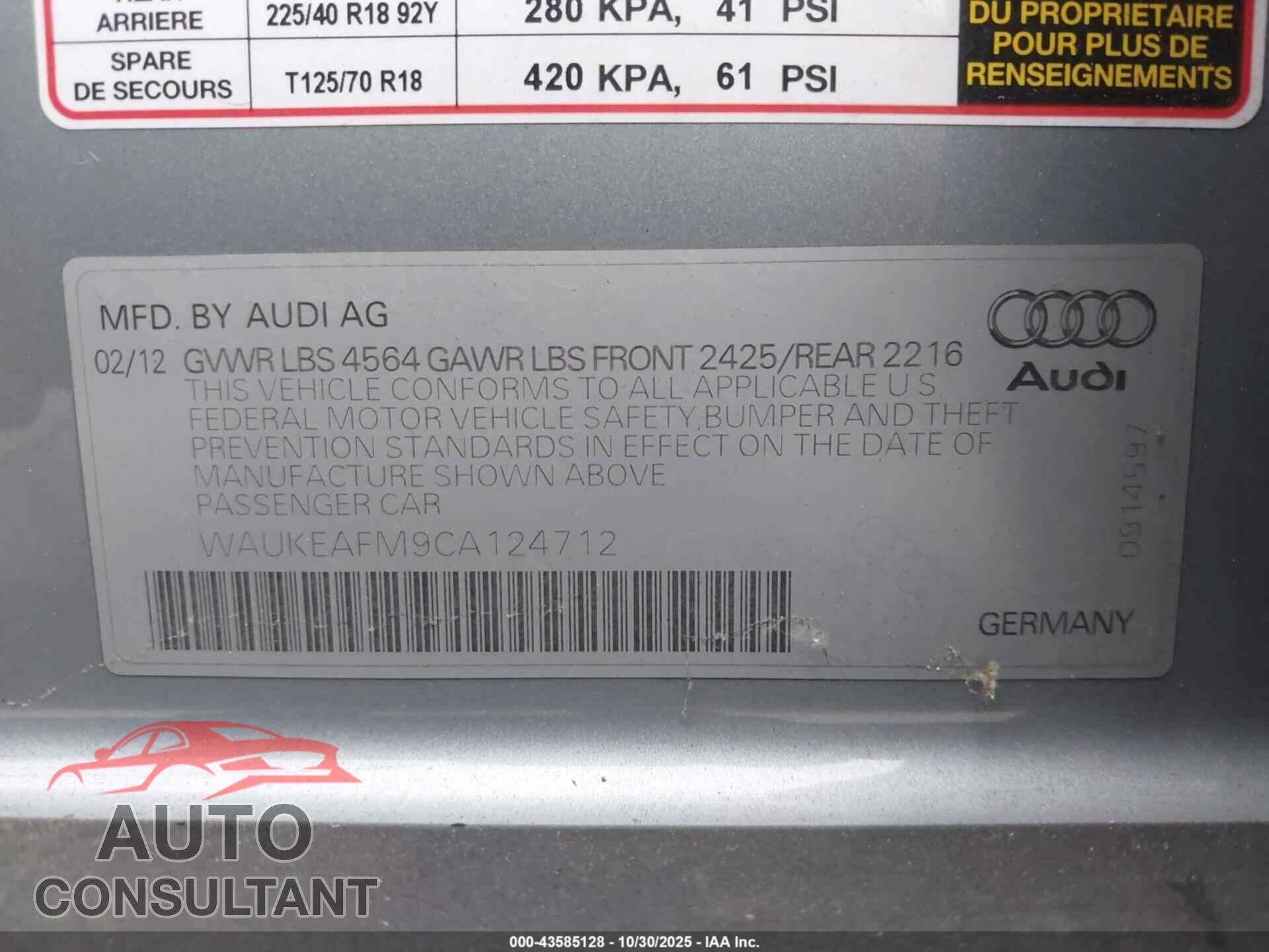 AUDI A3 2012 - WAUKEAFM9CA124712