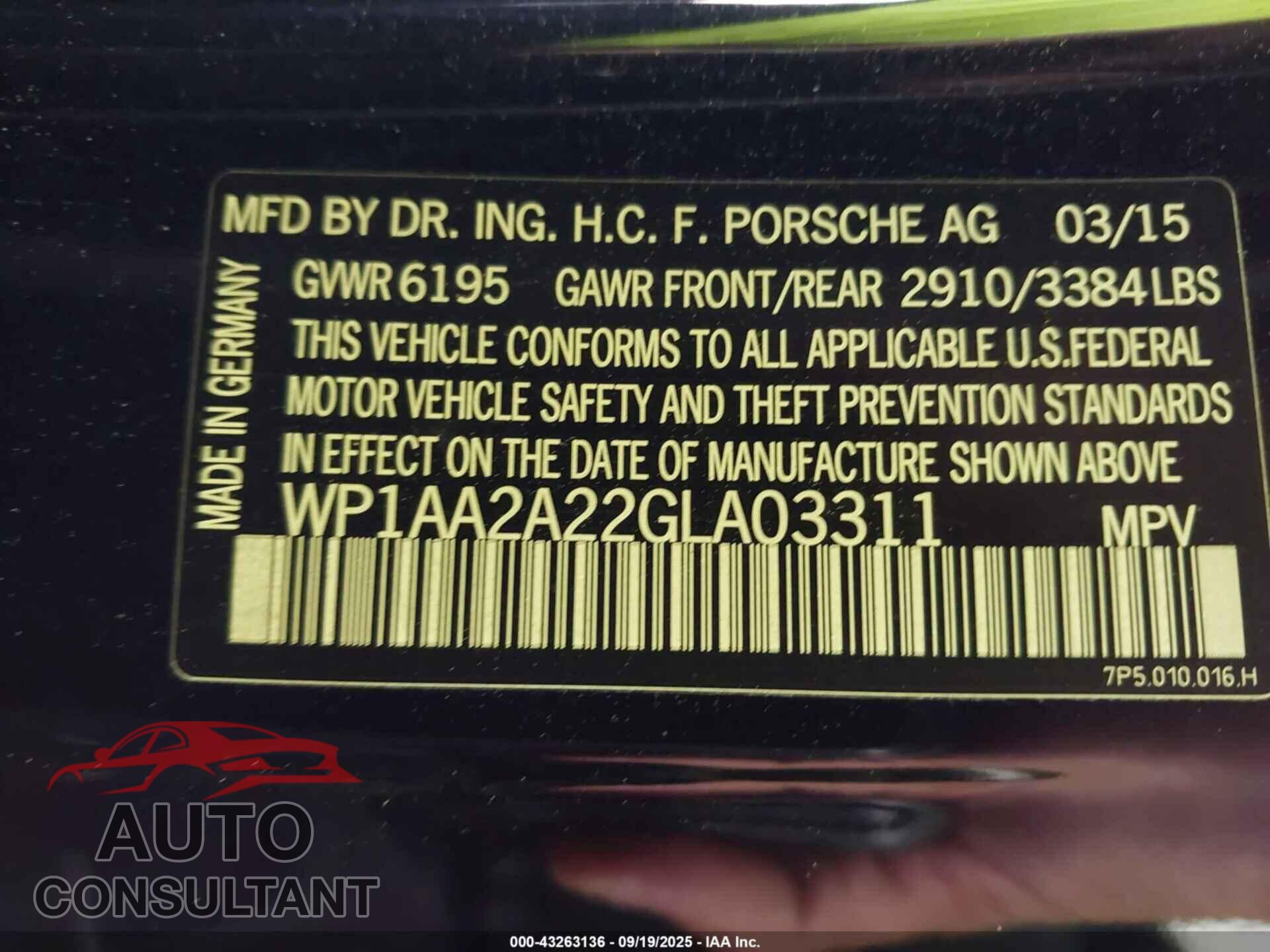 PORSCHE CAYENNE 2016 - WP1AA2A22GLA03311
