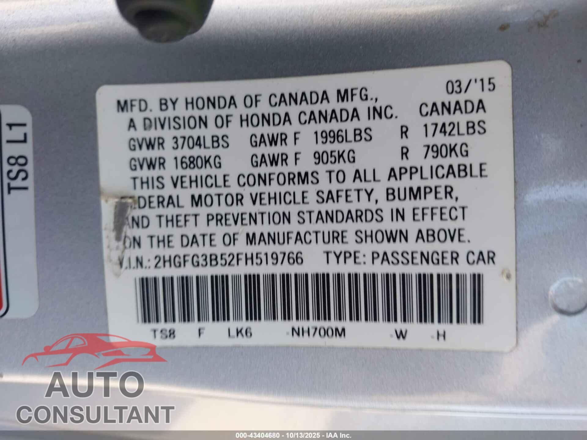 HONDA CIVIC 2015 - 2HGFG3B52FH519766