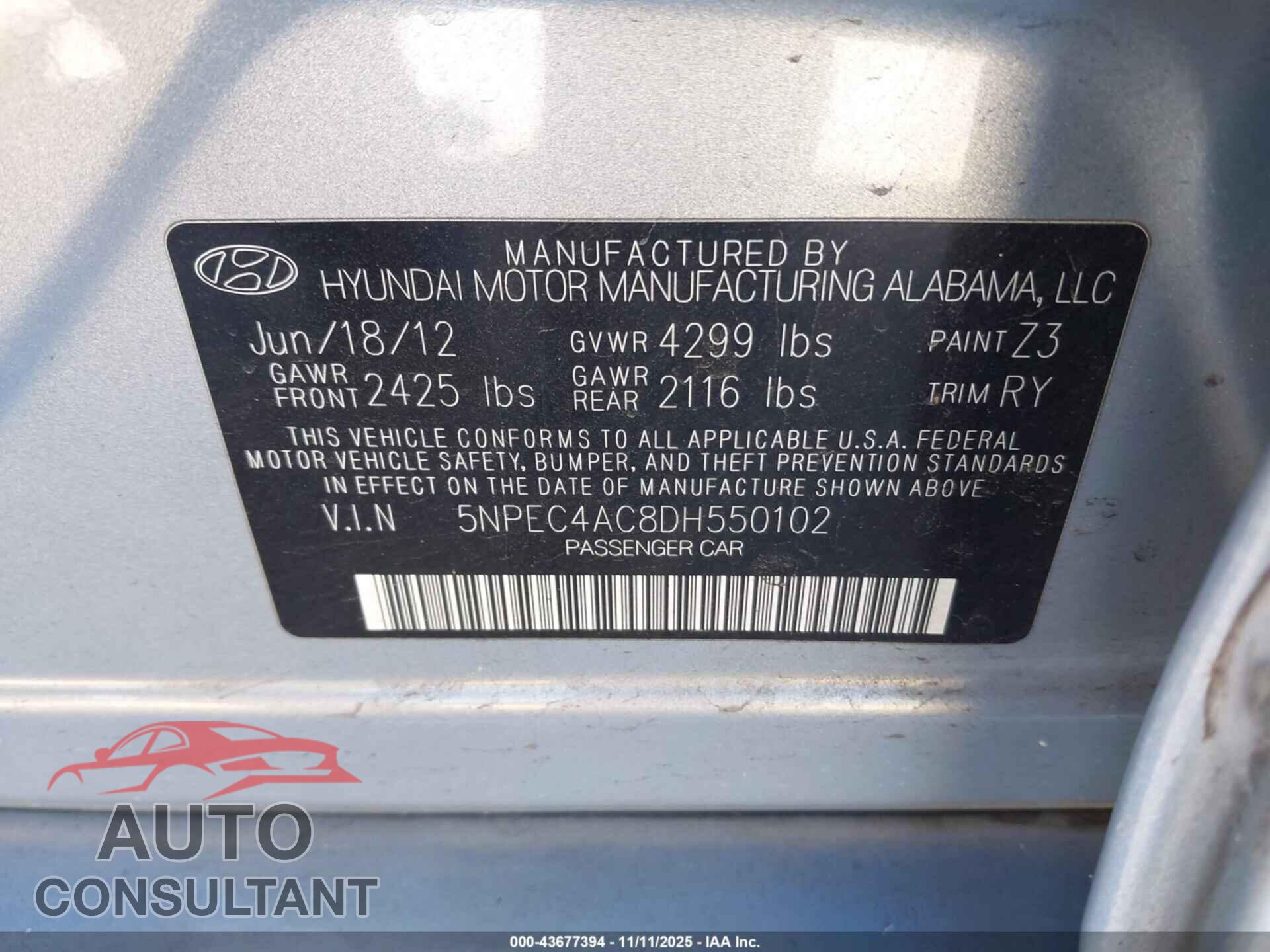 HYUNDAI SONATA 2013 - 5NPEC4AC8DH550102