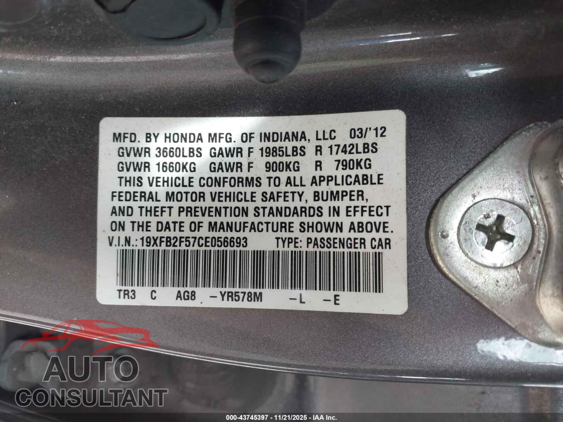 HONDA CIVIC 2012 - 19XFB2F57CE056693