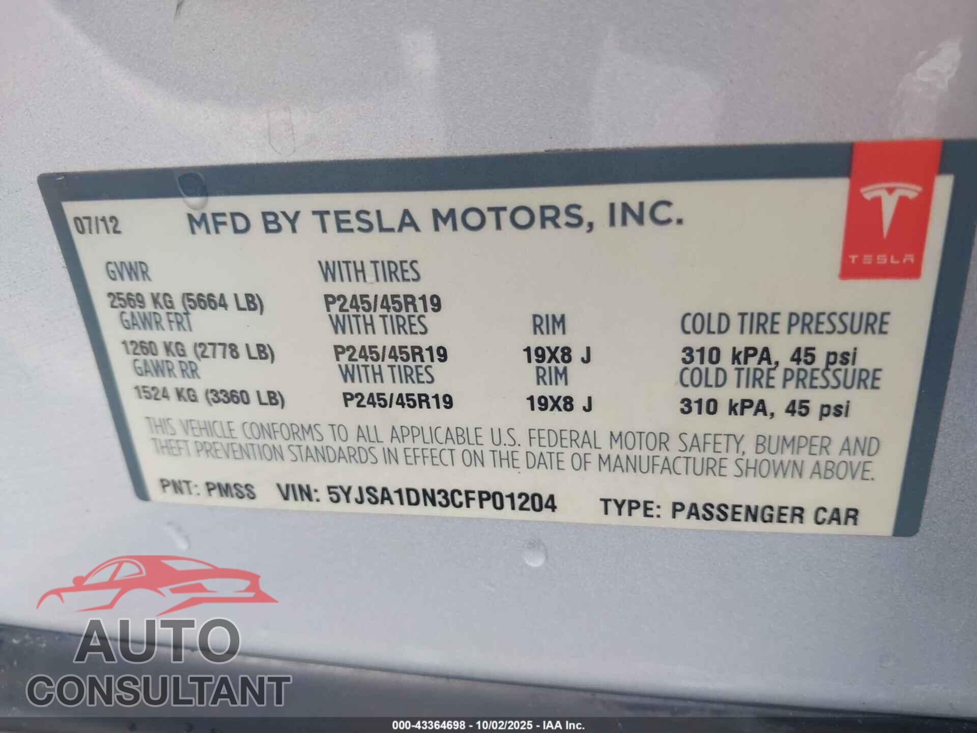 TESLA MODEL S 2012 - 5YJSA1DN3CFP01204