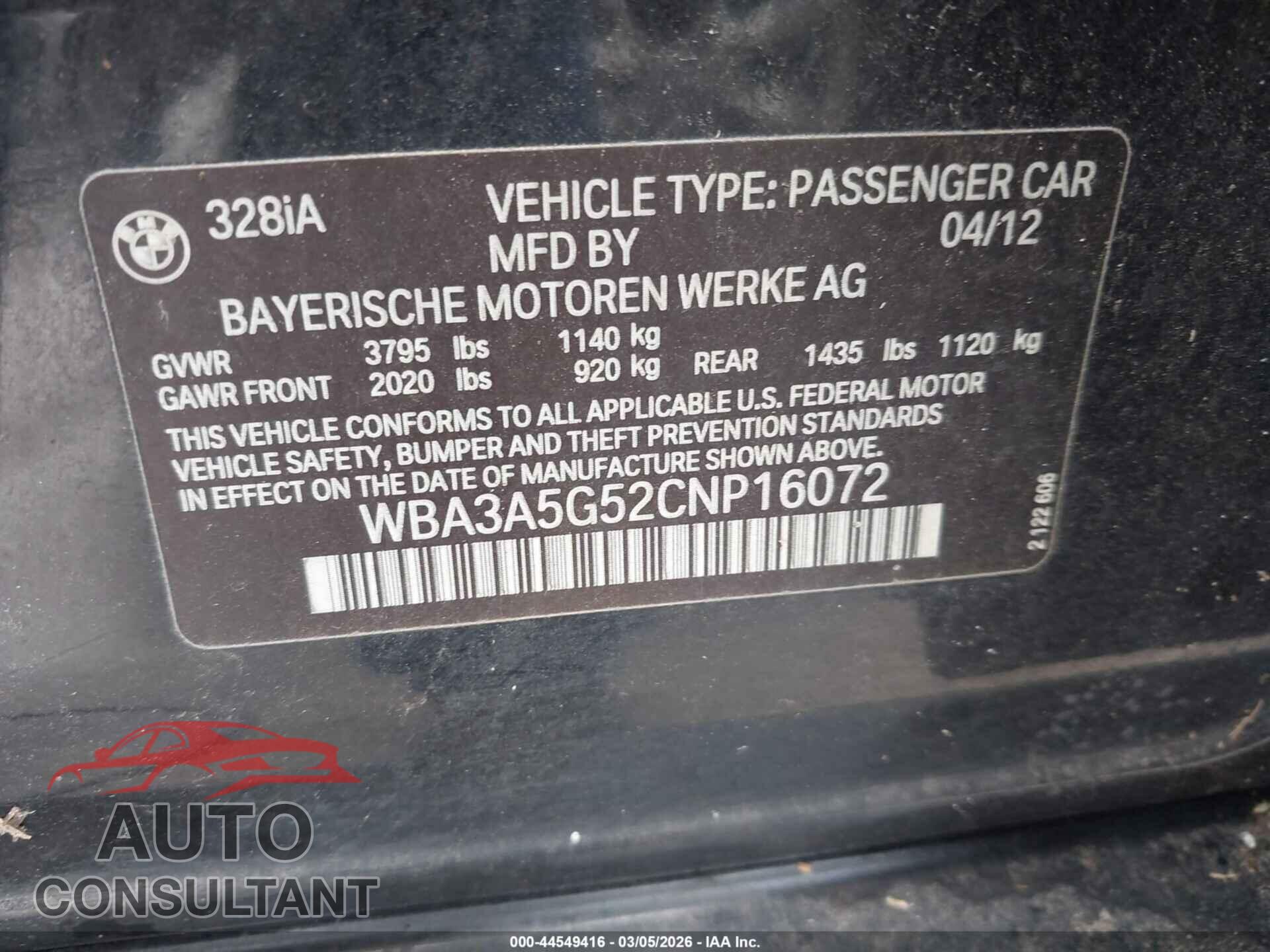 BMW 328I 2012 - WBA3A5G52CNP16072