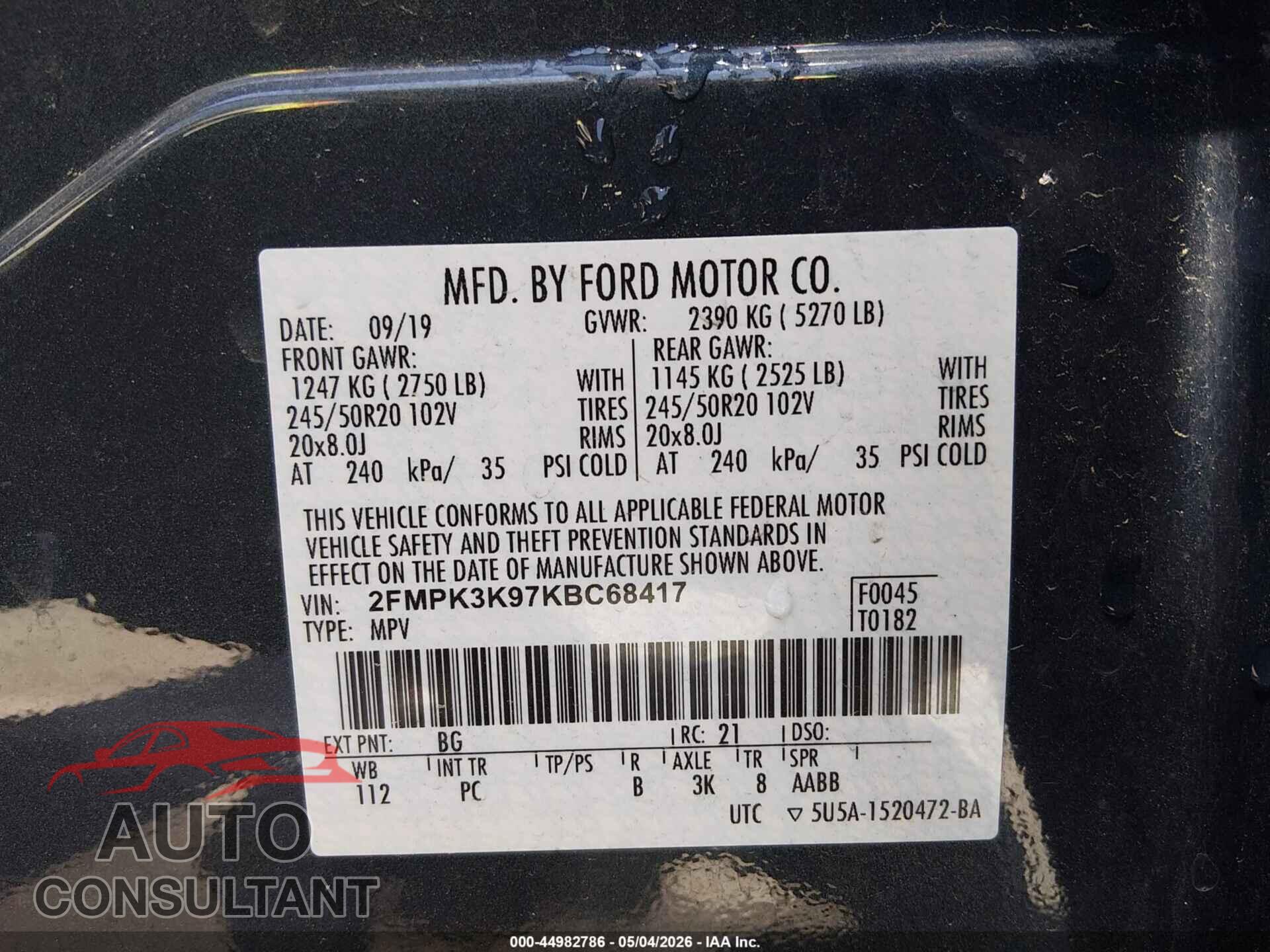 FORD EDGE 2019 - 2FMPK3K97KBC68417