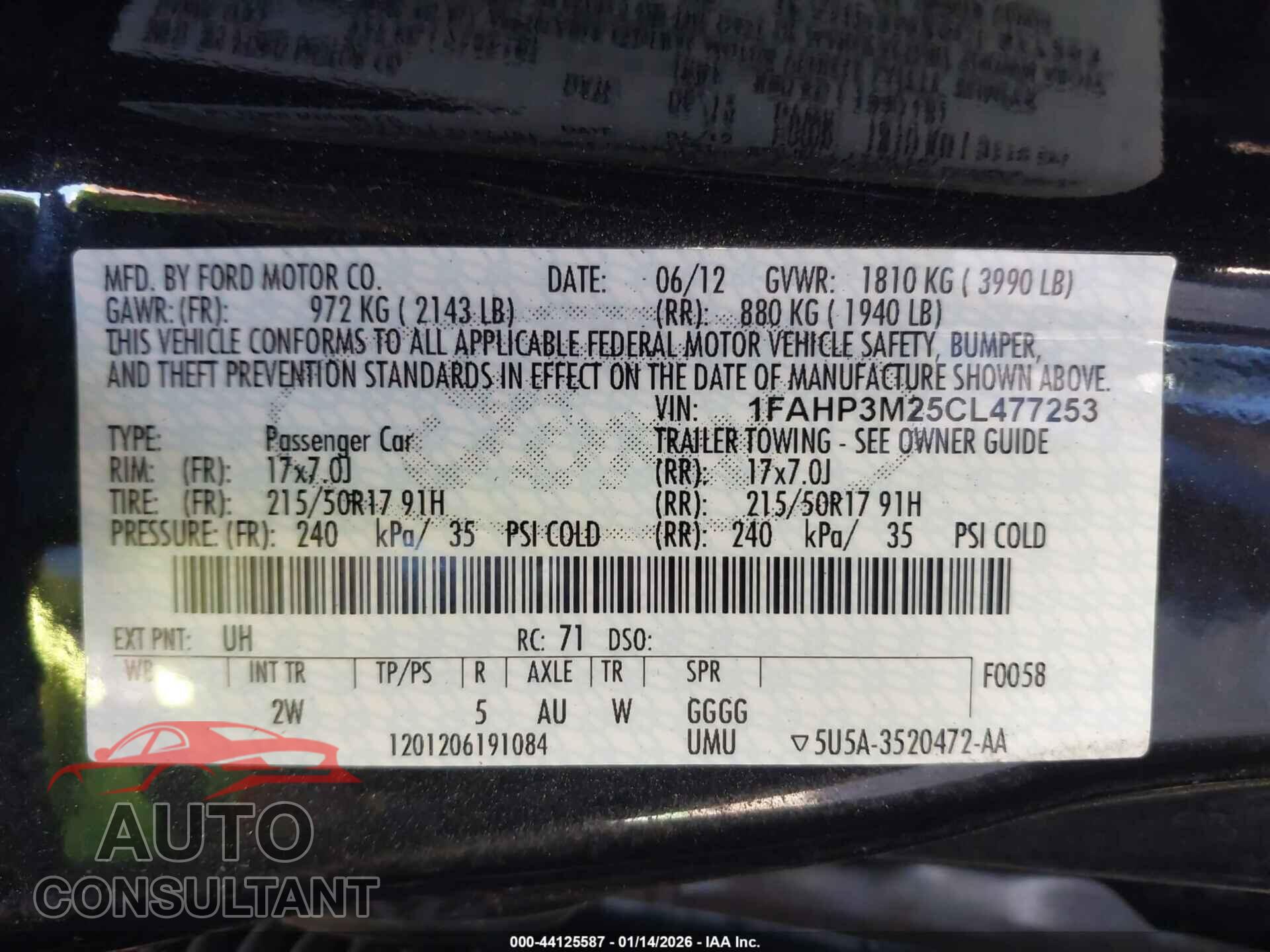 FORD FOCUS 2012 - 1FAHP3M25CL477253