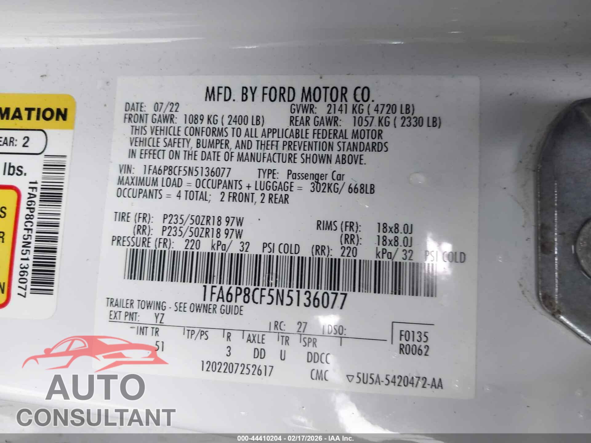 FORD MUSTANG 2022 - 1FA6P8CF5N5136077