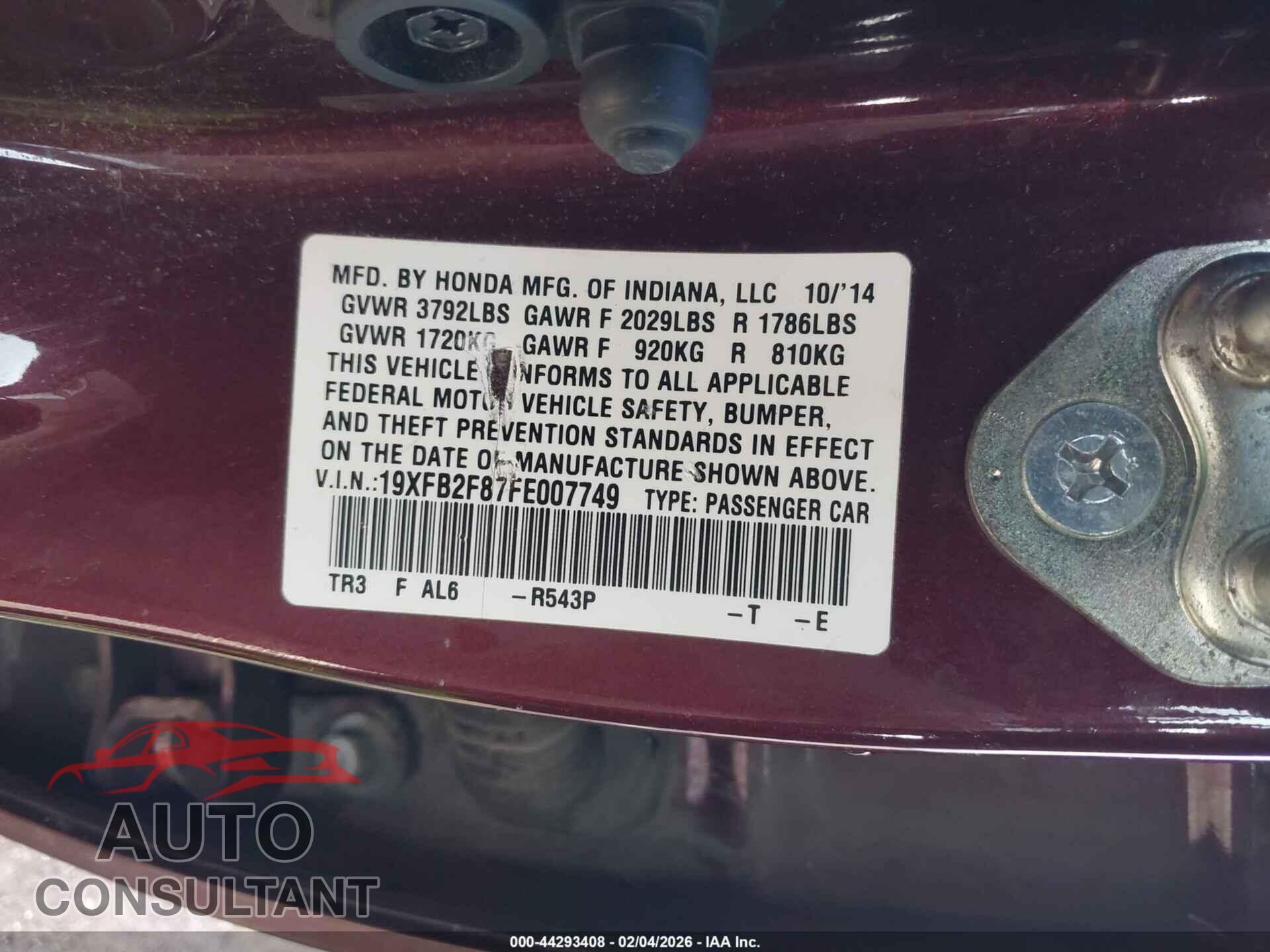HONDA CIVIC 2015 - 19XFB2F87FE007749